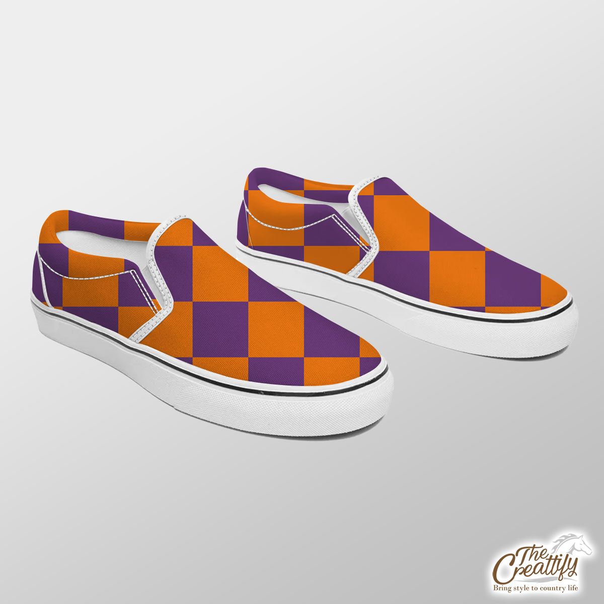 Halloween Orange and Purple Square Seamless Pattern Slip On Sneakers