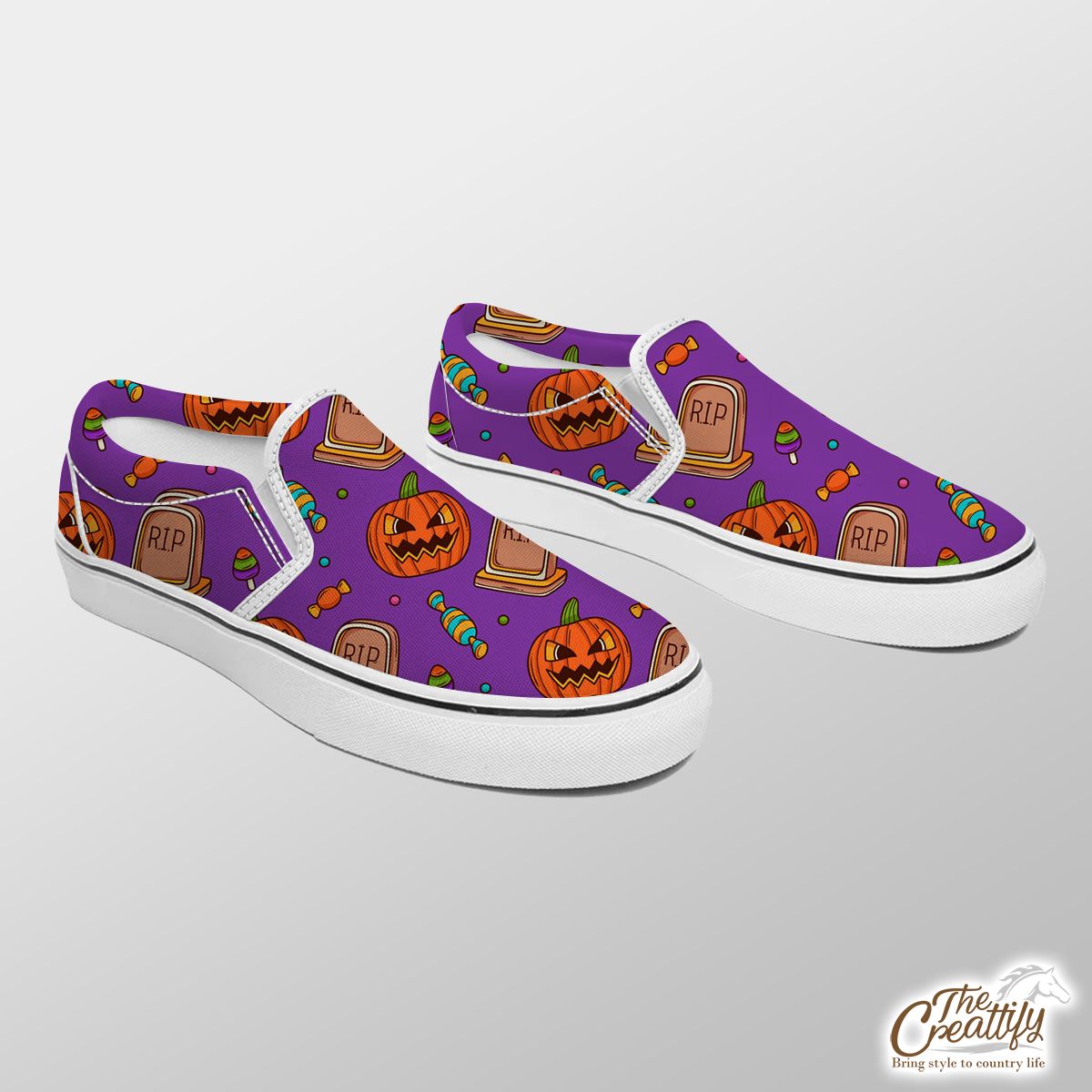 Halloween Scary Pumpkin Face With Headstone And Candy Slip On Sneakers
