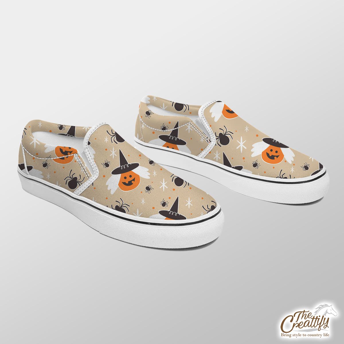 Pumpkins With Witch Hat On A Light Background Halloween Slip On Sneakers