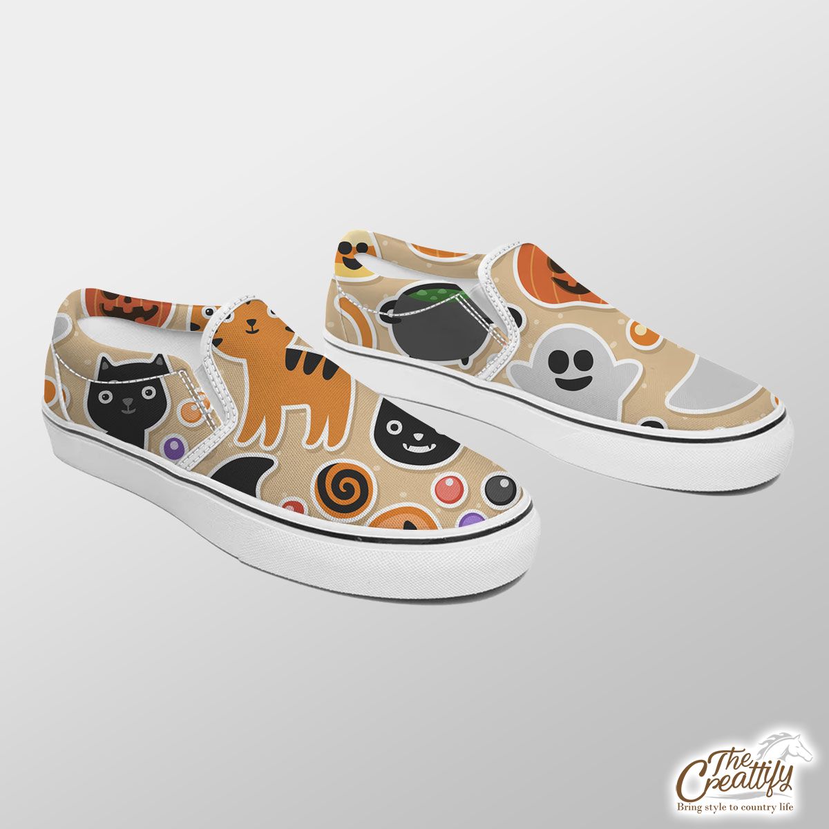 Scary Halloween Cat  With Pumpkin Jack O Lantern and Skull Slip On Sneakers