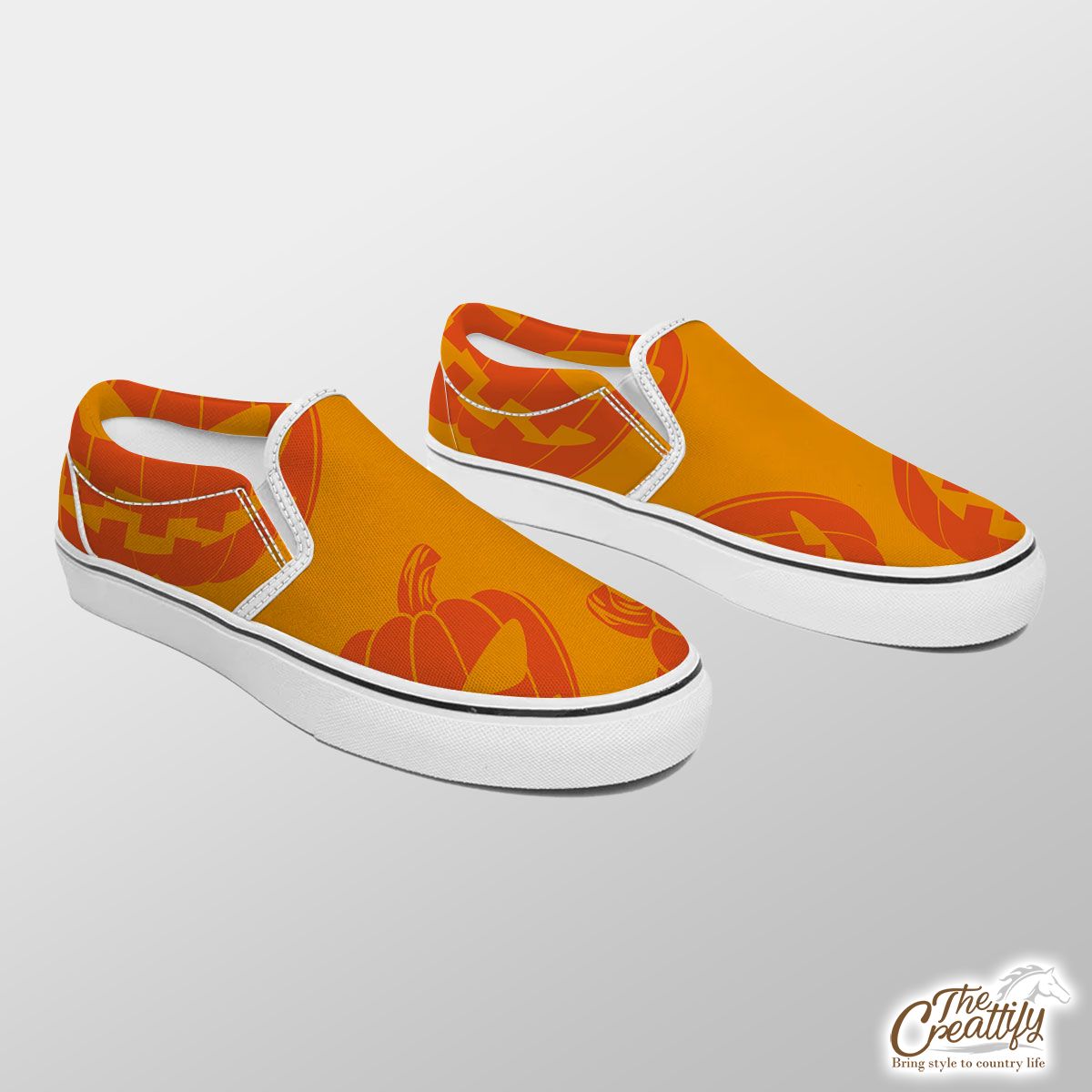 Scary Pumpkin Face On The Orange Color Background Halloween Slip On Sneakers