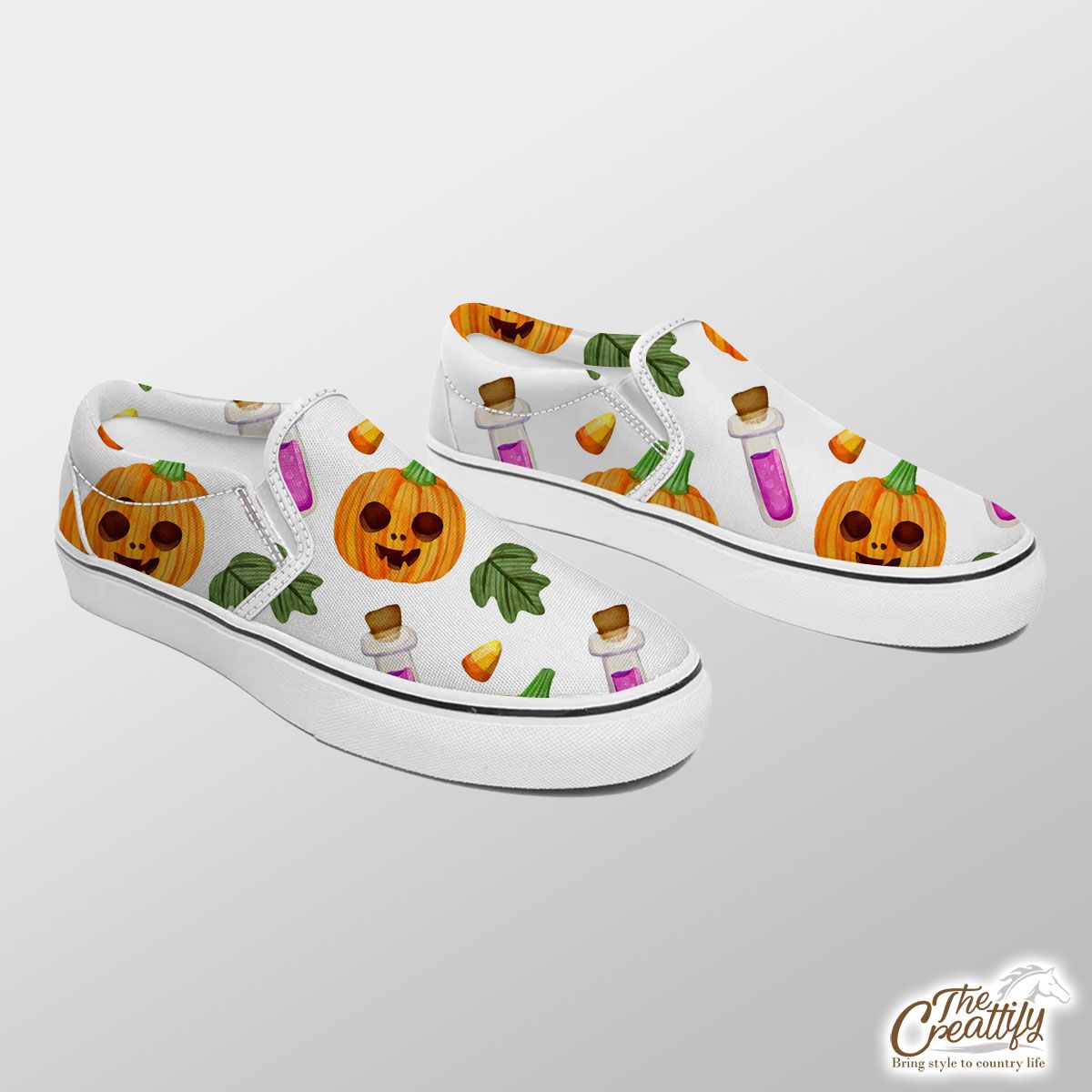 Scary Pumpkin Face and Witch Potions White Halloween Slip On Sneakers