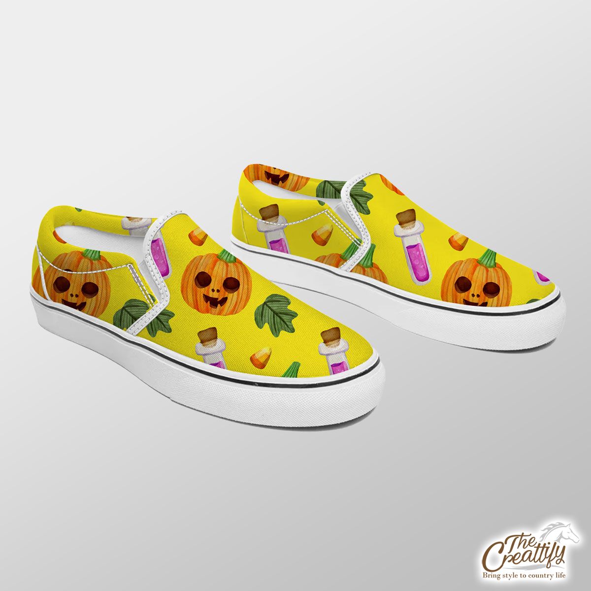 Scary Pumpkin Face and Witch Potions Yellow Halloween Slip On Sneakers