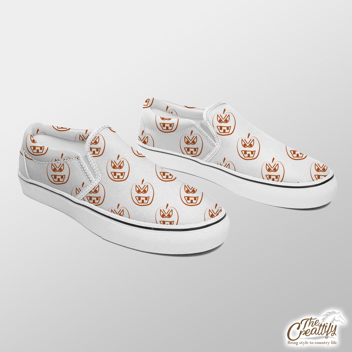 Scary Pumpkin Faces On White Background Halloween Slip On Sneakers
