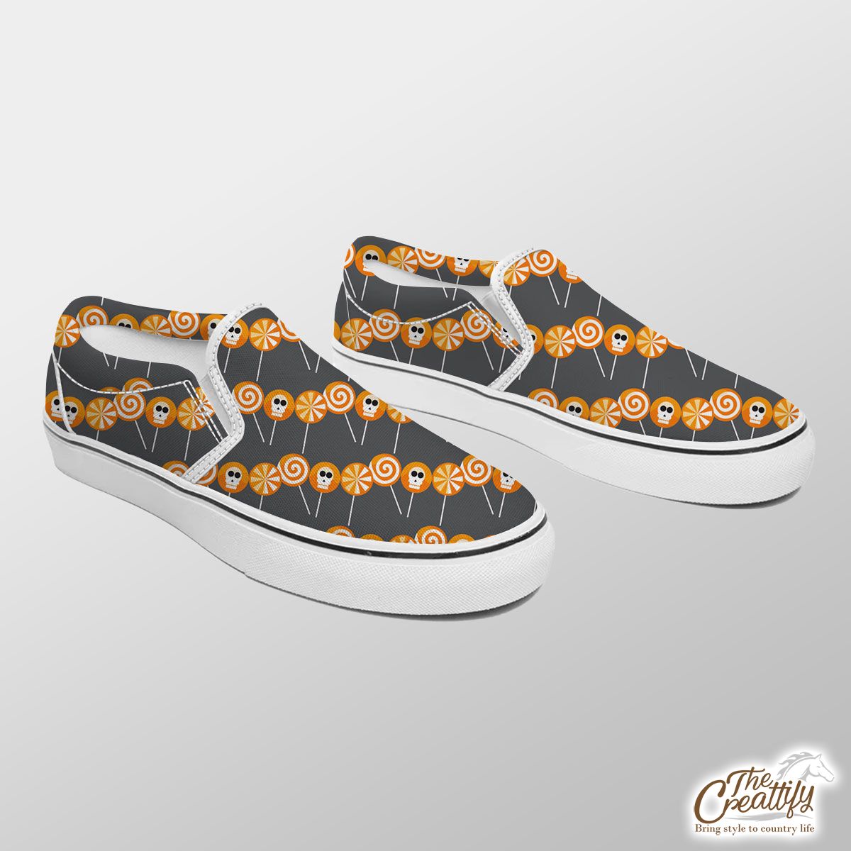 Skull With Halloween Candy Slip On Sneakers