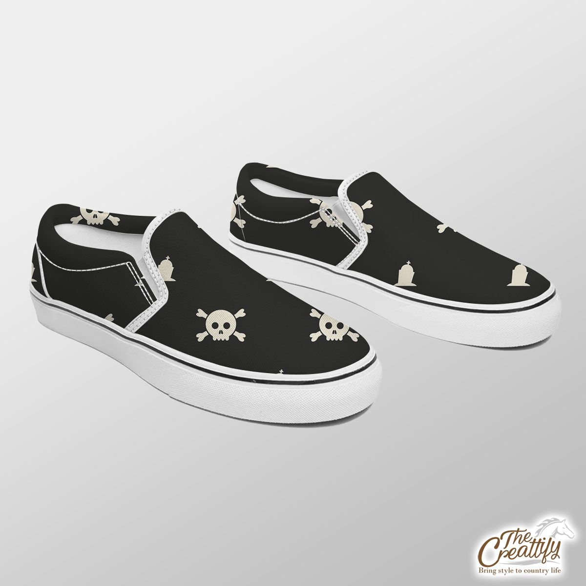 White Skull With Tombstone Halloween Slip On Sneakers