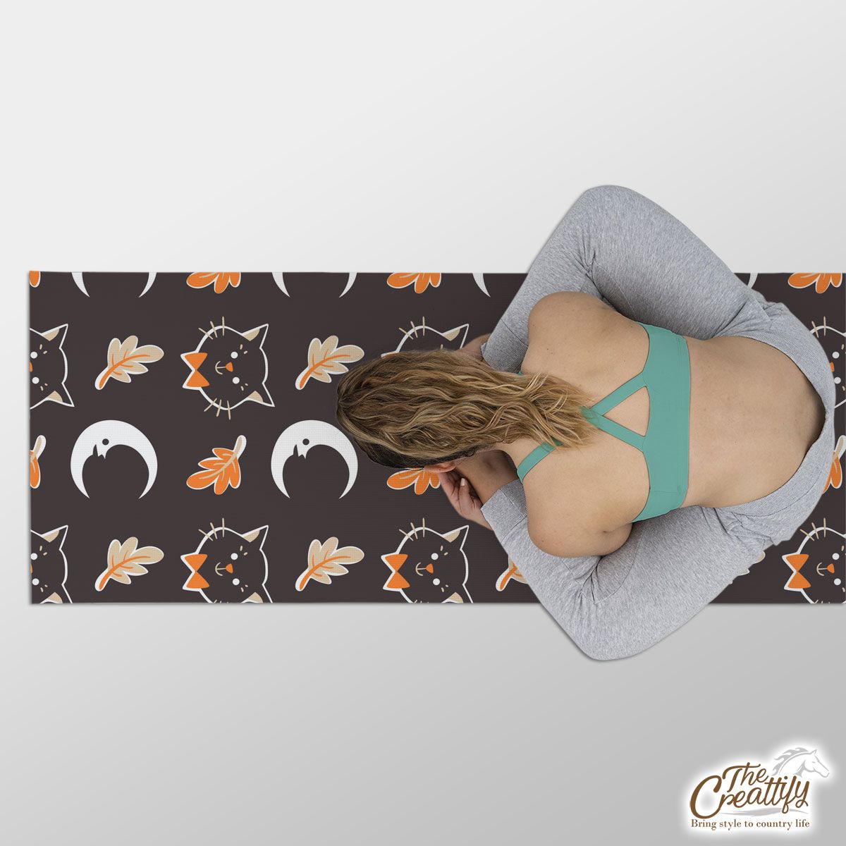 Black Cat With Fall Leaves And Moon Halloween Yoga Mat