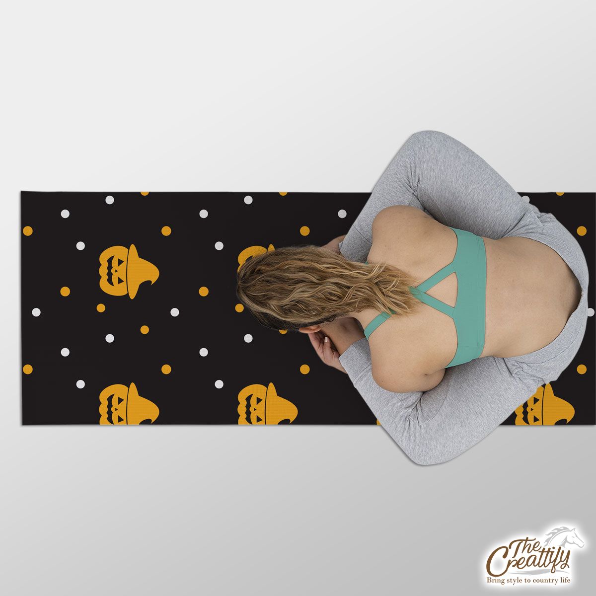 Yellow pumpkin with witch hat Halloween Yoga Mat