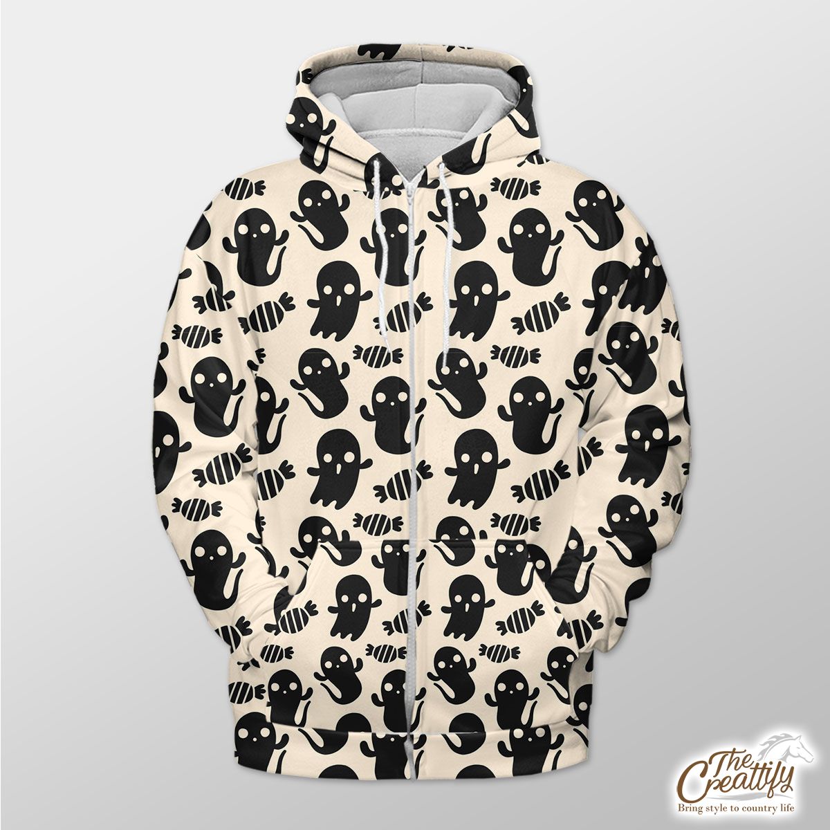 Black And White Cute Ghost With Halloween Candy Zip Hoodie