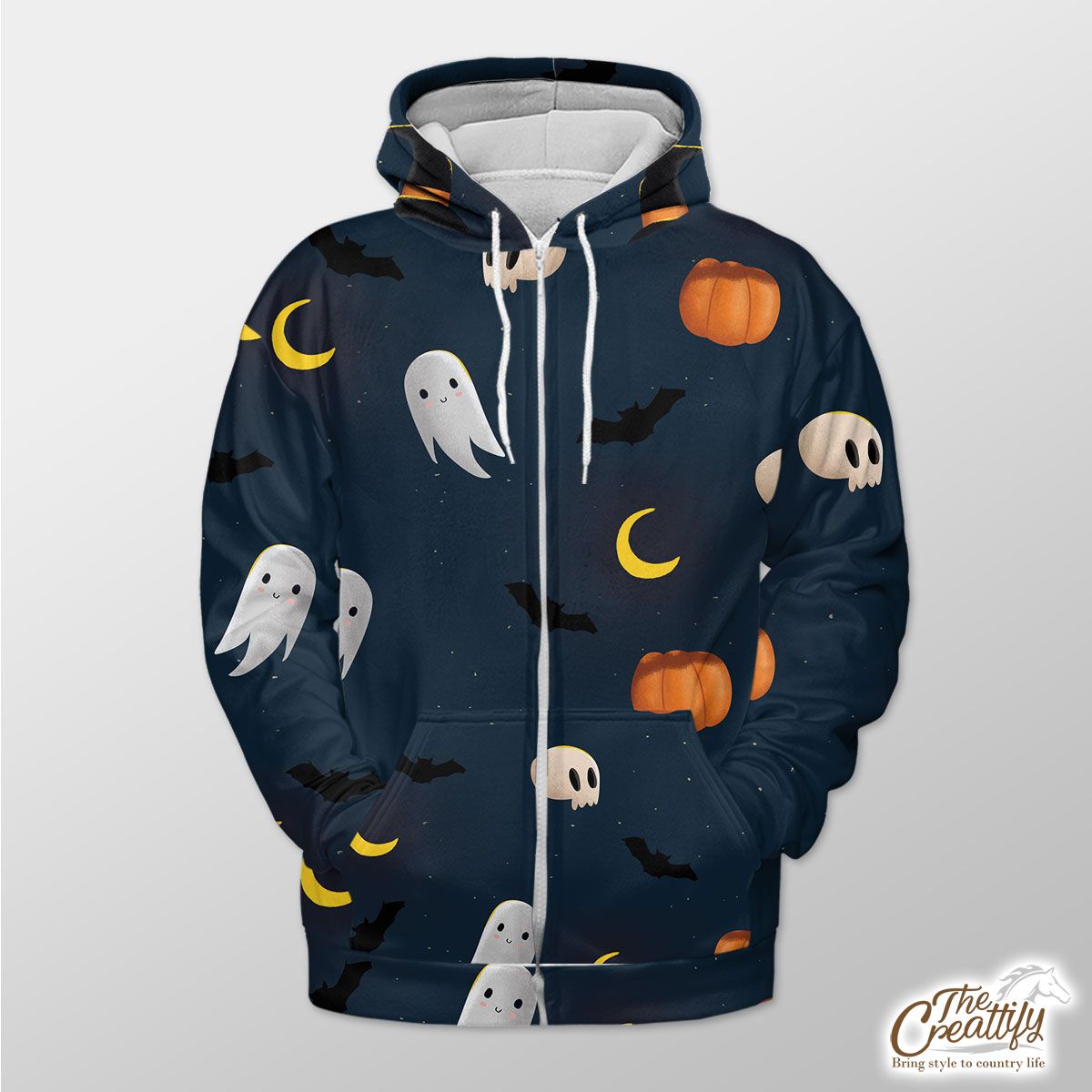 Cute Boo Ghost, Pumpkins With Moon Halloween Zip Hoodie