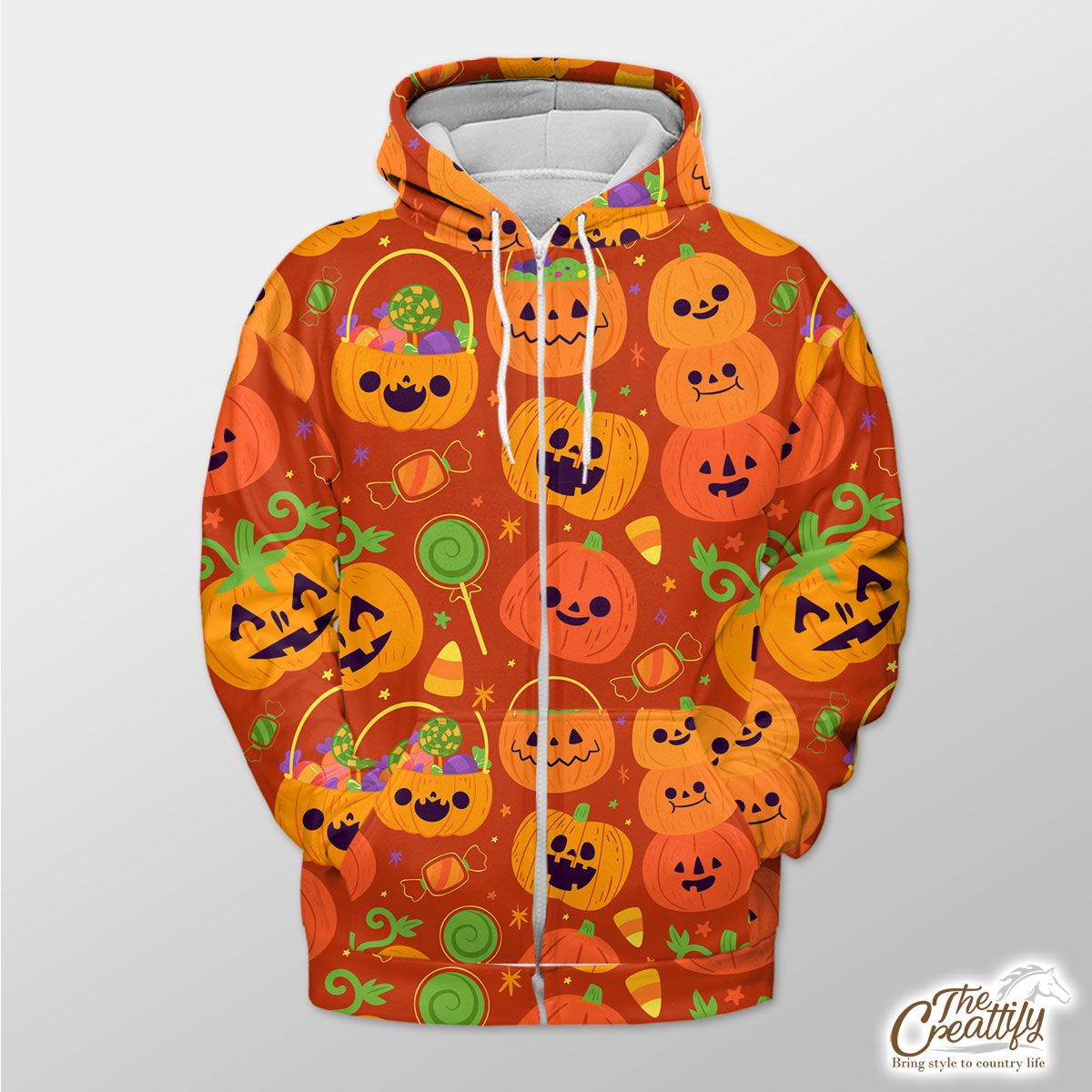 Cute Pumpkin, Jack O Lantern Full of Candy Orange Halloween Zip Hoodie