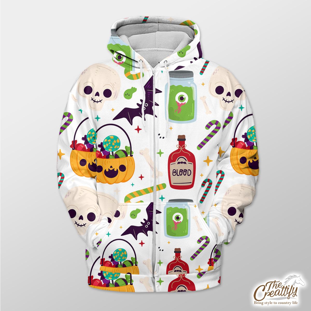 Cute Pumpkin, Jack O Lantern Full of Candy, Witch Potions and Bat White Halloween Zip Hoodie