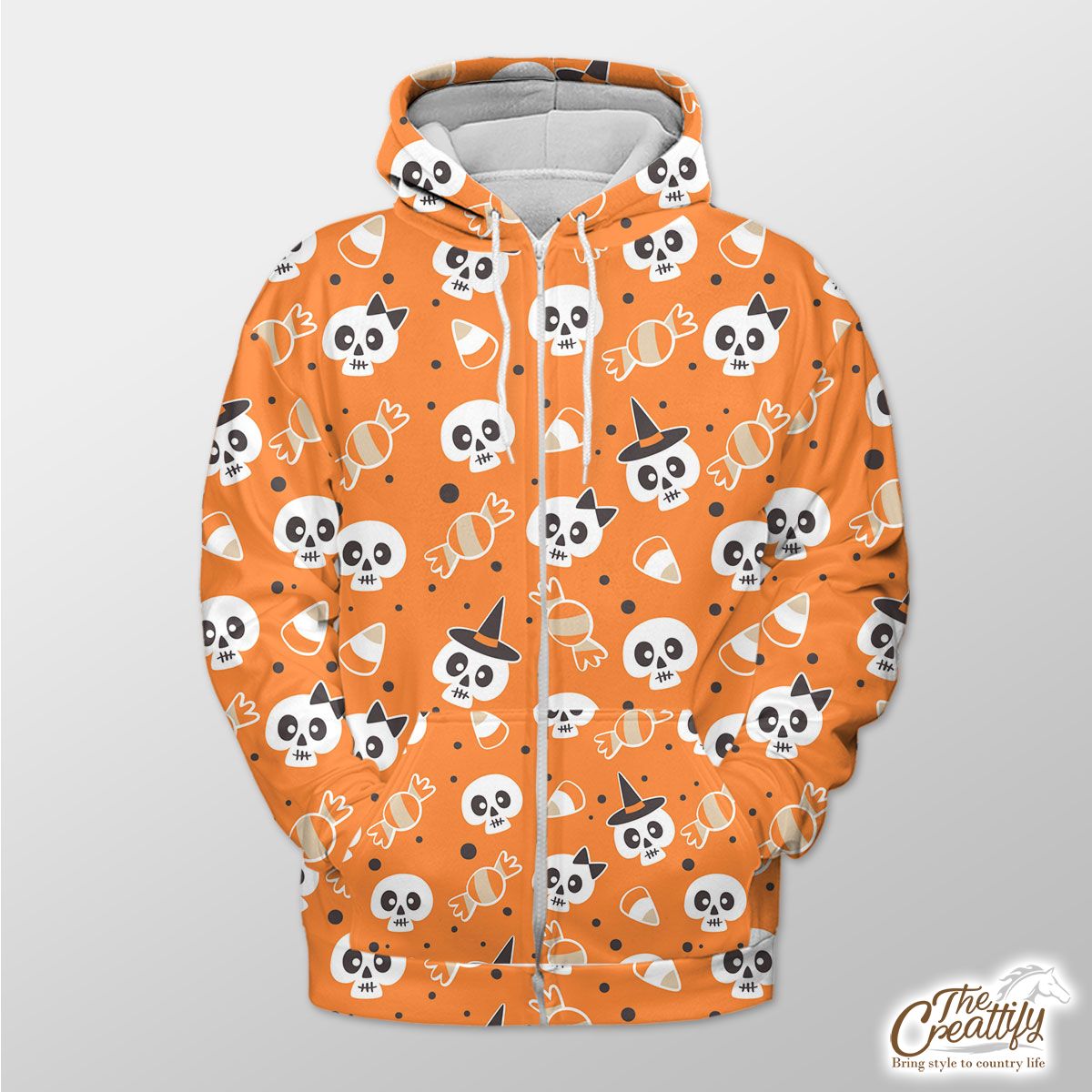 Halloween Candy Cartoon Skull With Witch Hat On Orange Color Background Zip Hoodie