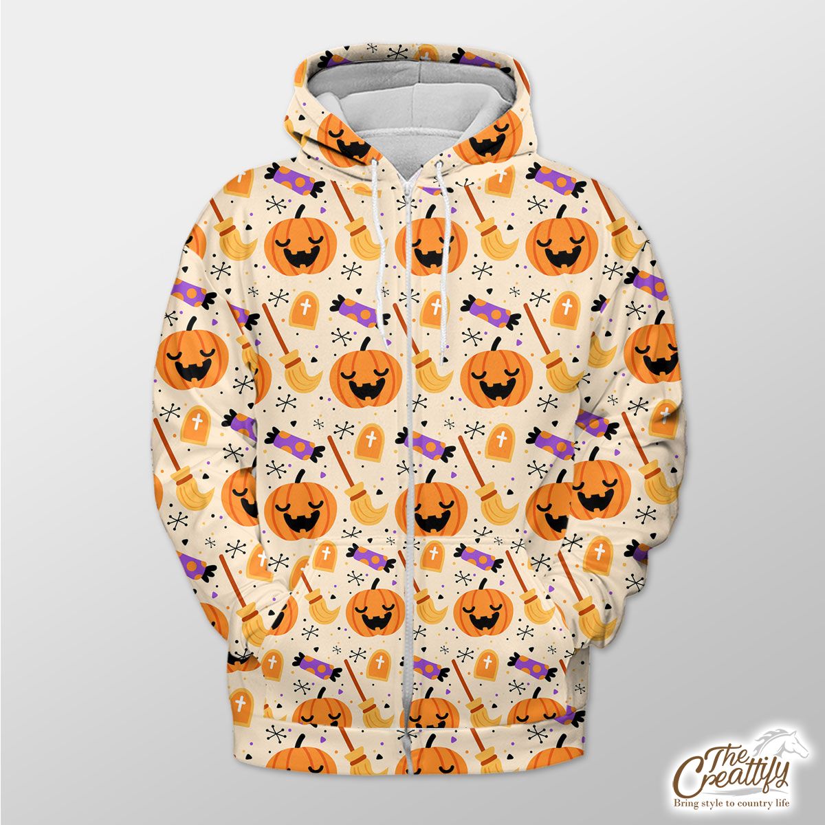 Halloween Pumpkin Face, Jack O Lantern, Candy Halloween, Witch Broom Orange Zip Hoodie