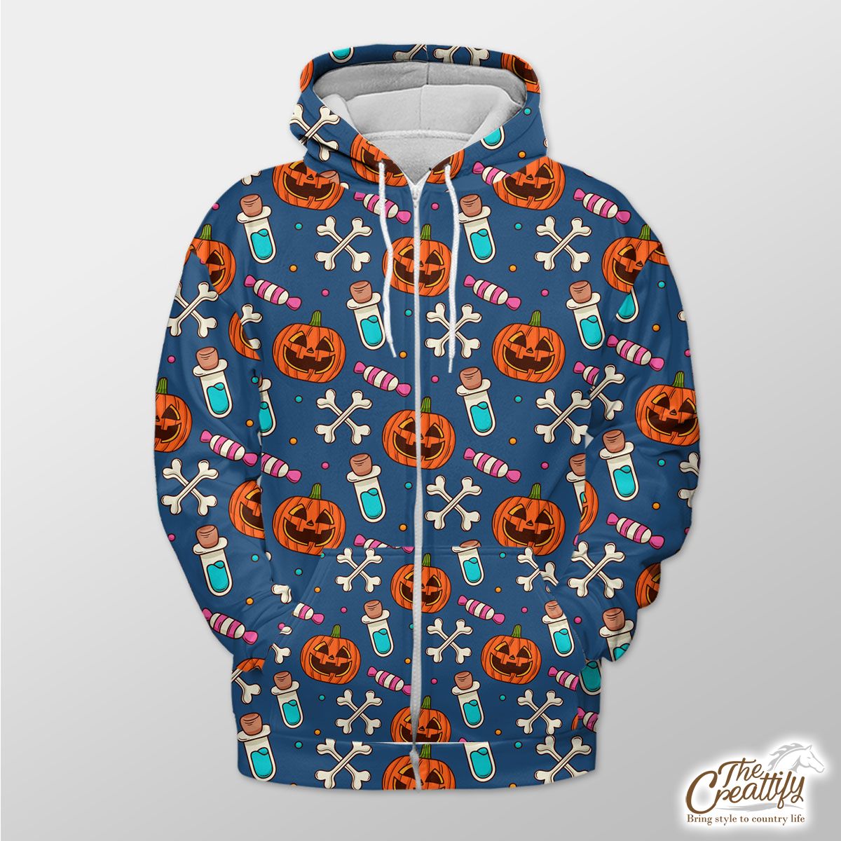 Halloween Scary Pumpkin Face With Candy And Bone Zip Hoodie