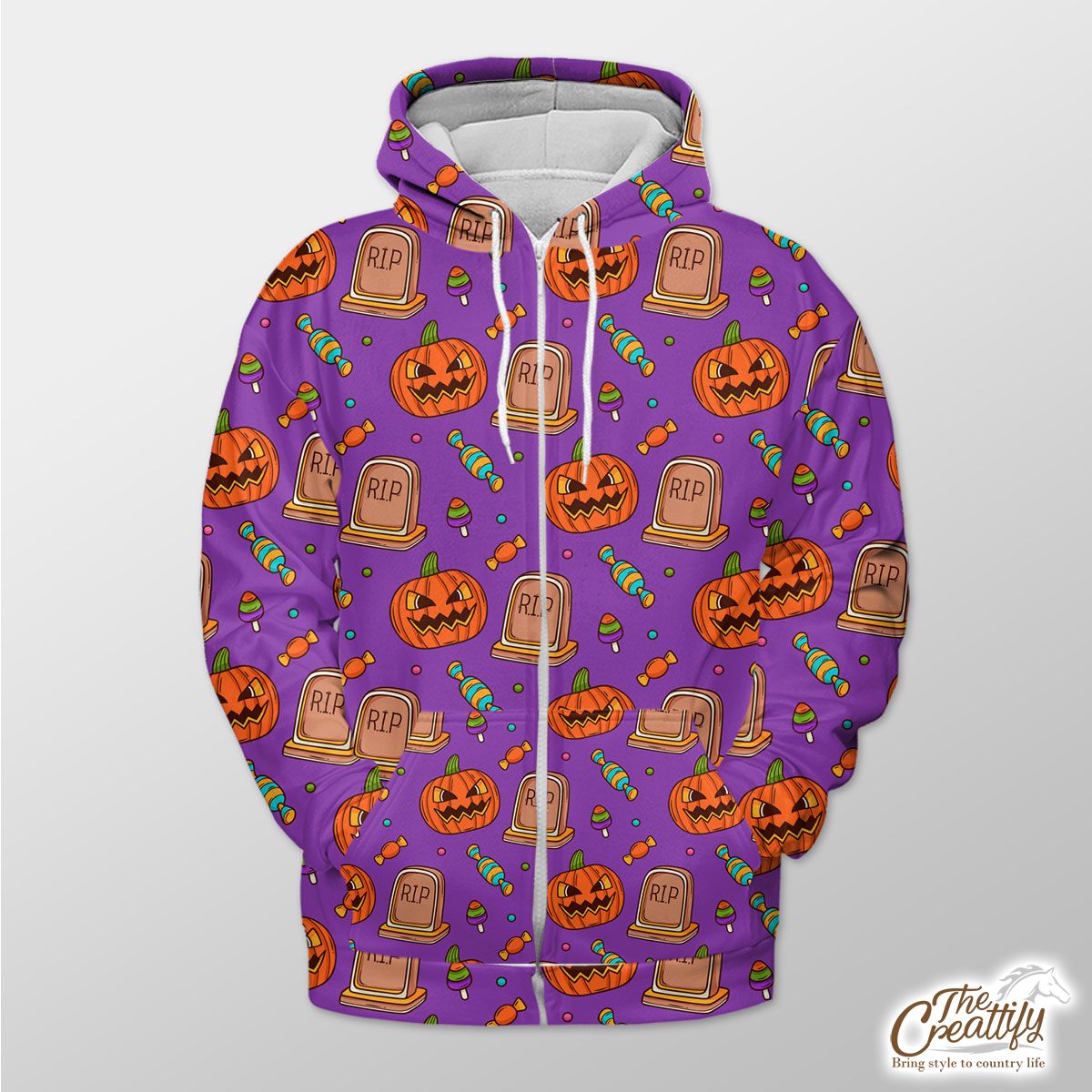 Halloween Scary Pumpkin Face With Headstone And Candy Zip Hoodie