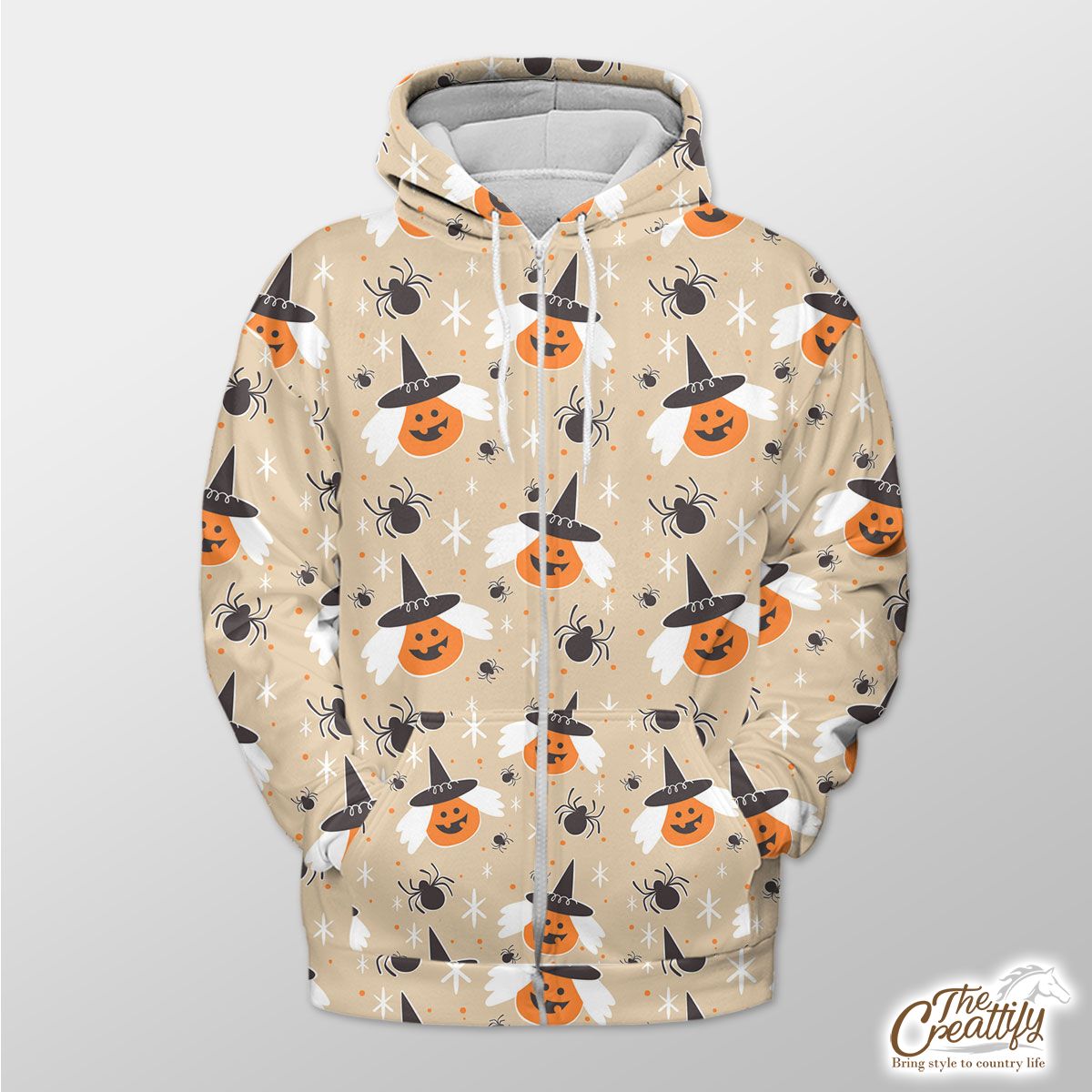 Pumpkins With Witch Hat On A Light Background Halloween Zip Hoodie