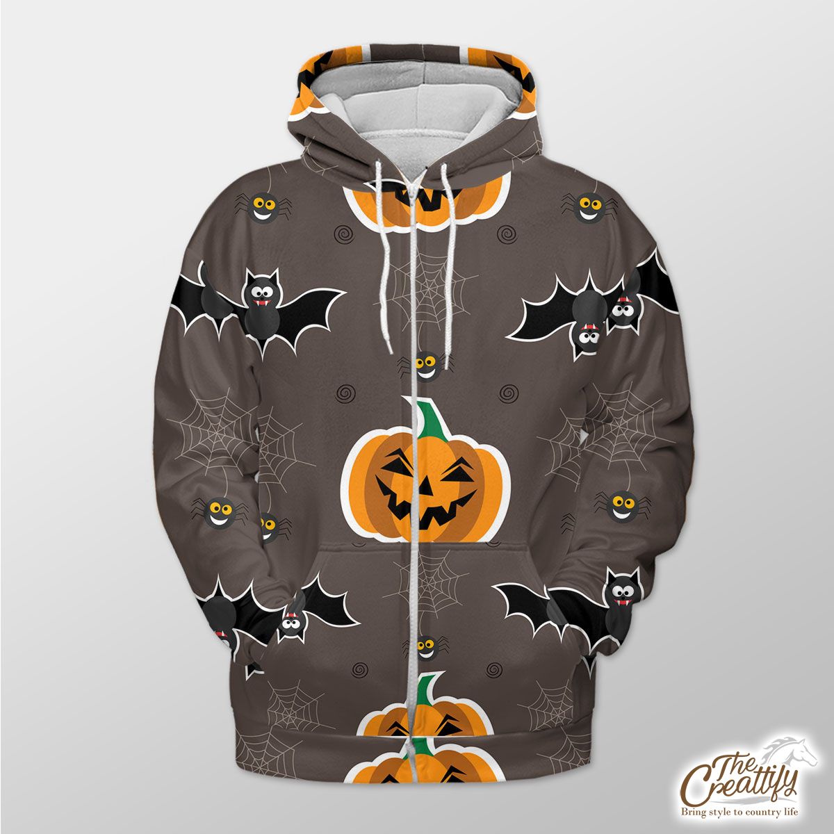 Scary Halloween With Pumpkin Jack O Lantern and Bat Zip Hoodie