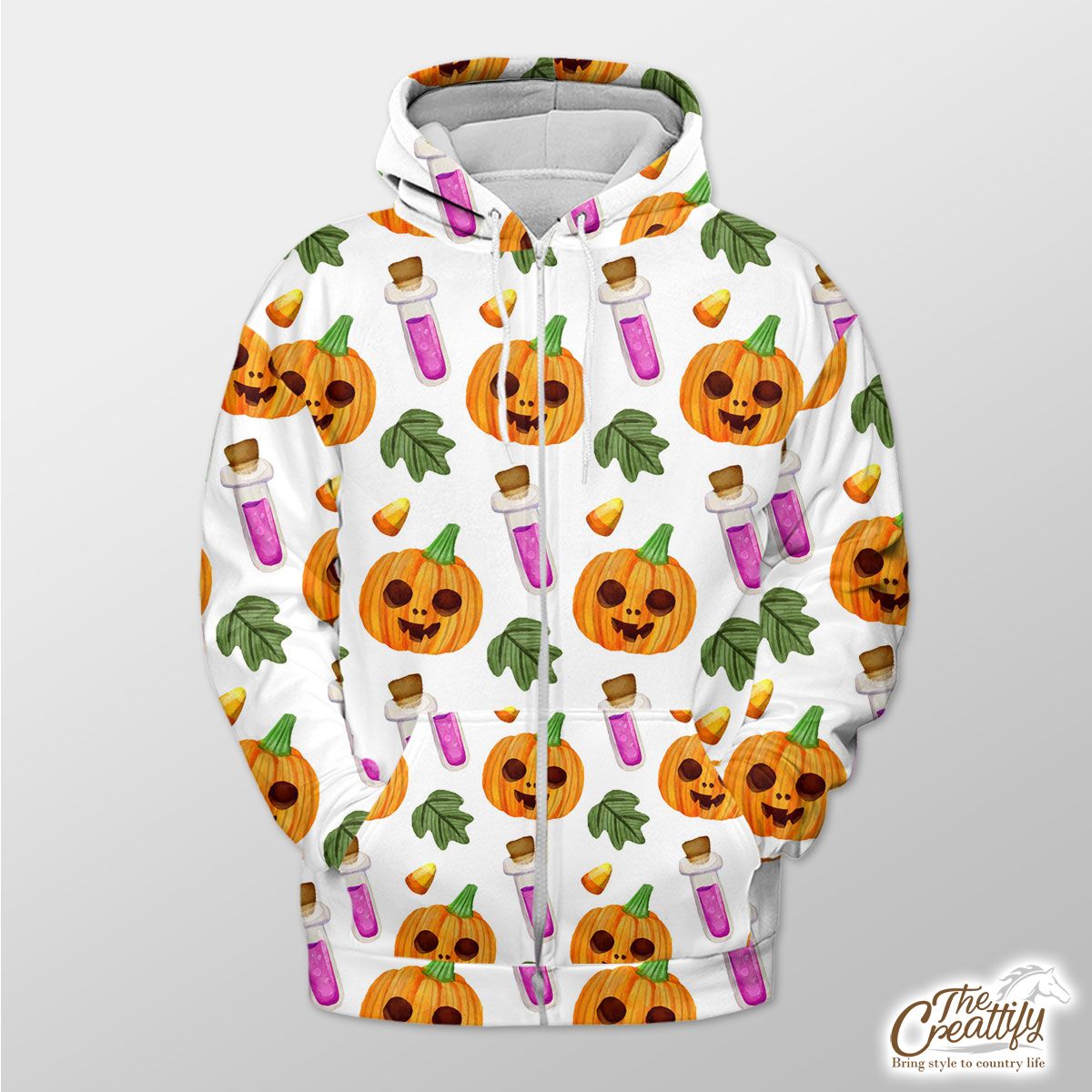Scary Pumpkin Face and Witch Potions White Halloween Zip Hoodie