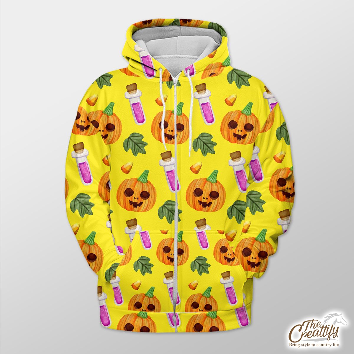 Scary Pumpkin Face and Witch Potions Yellow Halloween Zip Hoodie