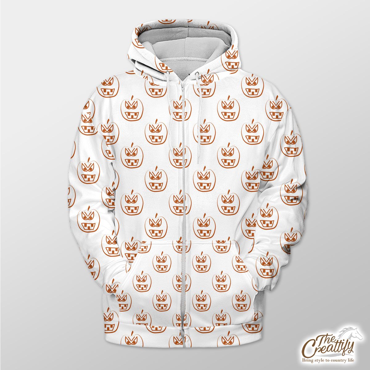 Scary Pumpkin Faces On White Background Halloween Zip Hoodie