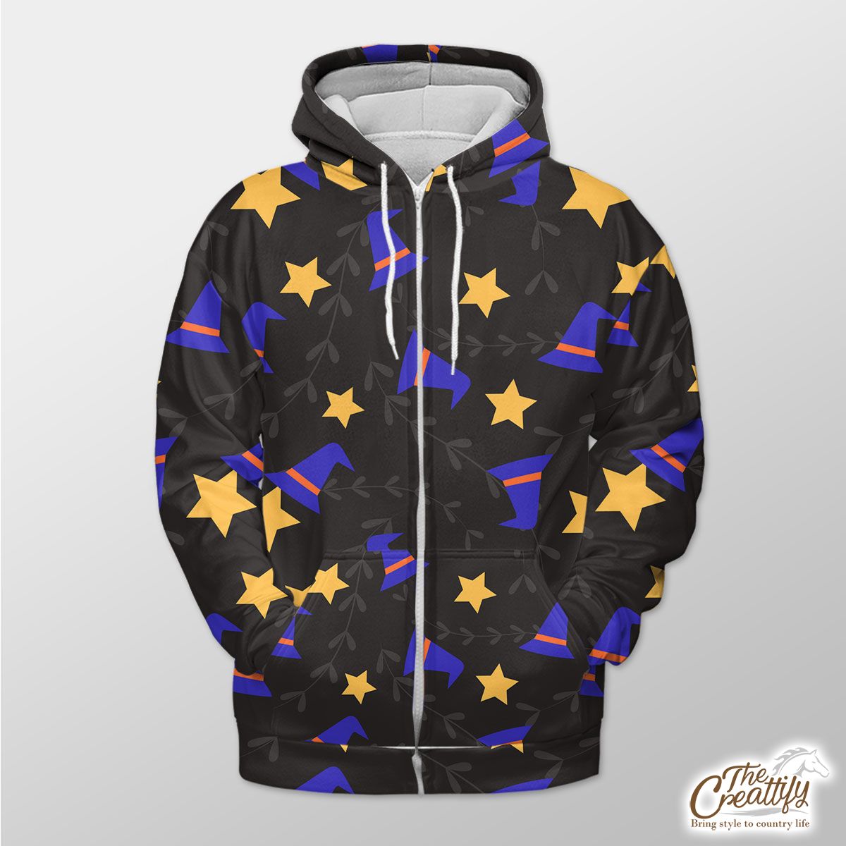 Witch Hat And Yellow Star Halloween Zip Hoodie