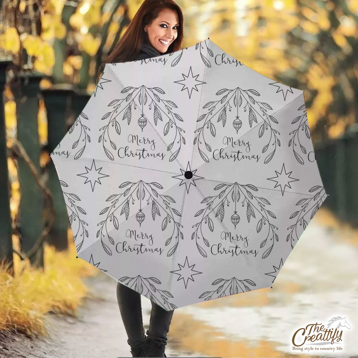 Merry Christmas With Black And White Christmas Mistletoe Umbrella