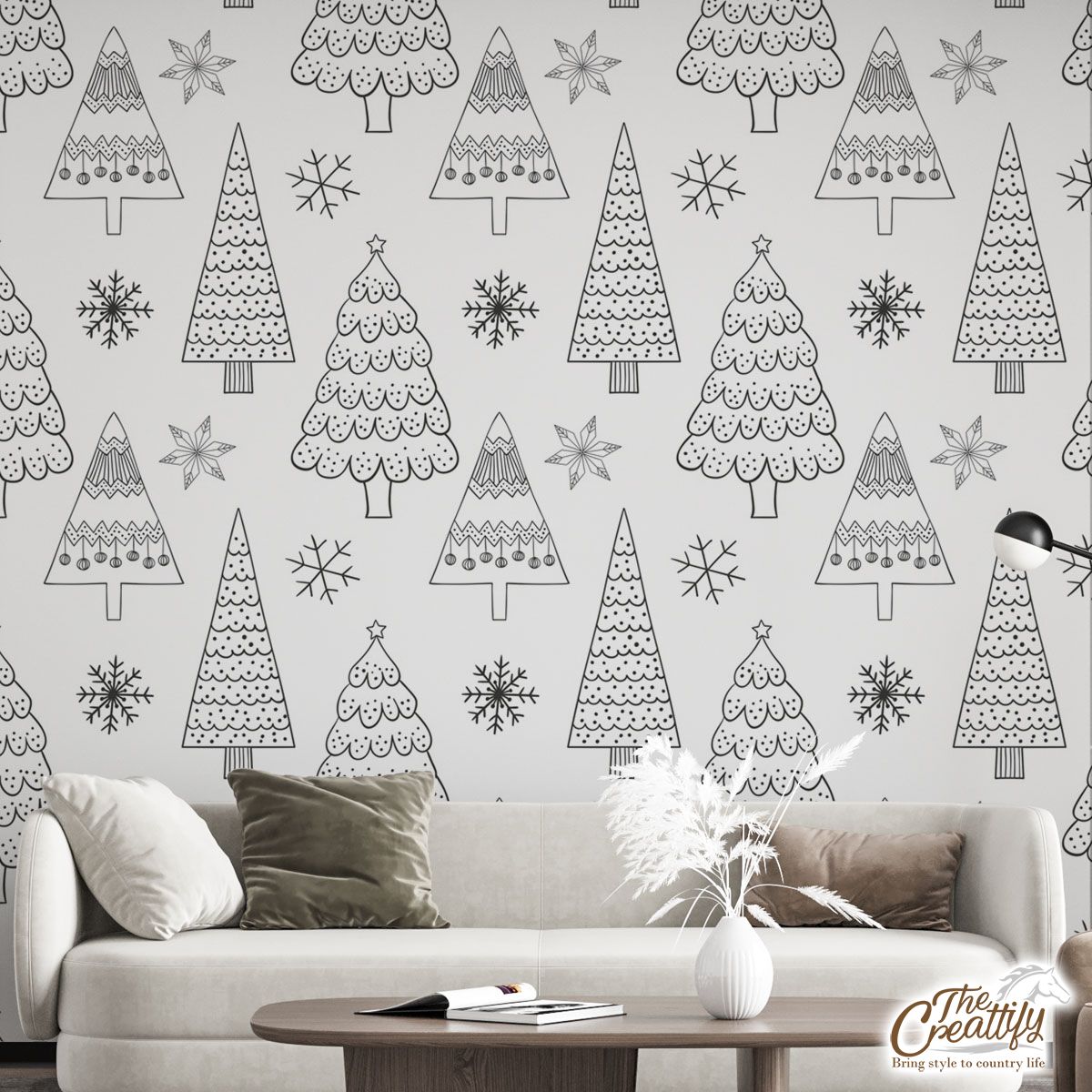 Black And White Christmas Tree With Snowflake Wall Mural