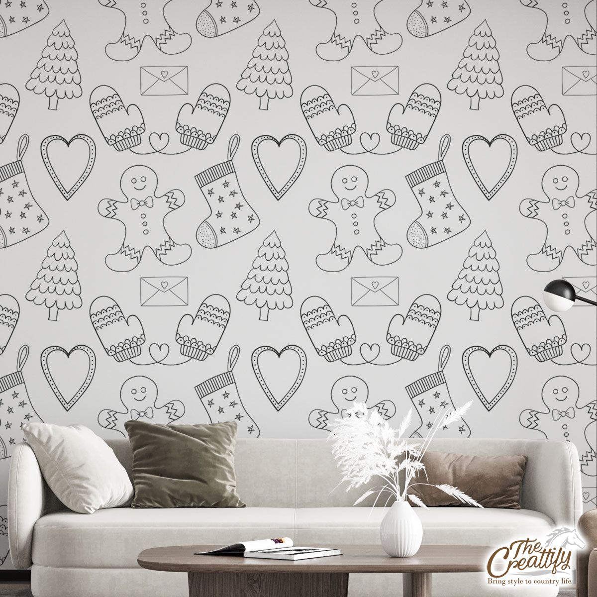 Black And White Christmas Tree, Gingerbread Man Wall Mural
