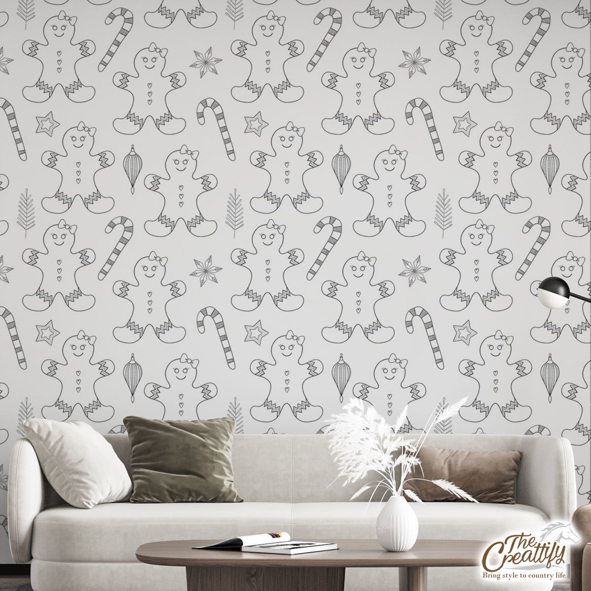 Black And White Gingerbread Man, Candy Cane And Snowflake Wall Mural