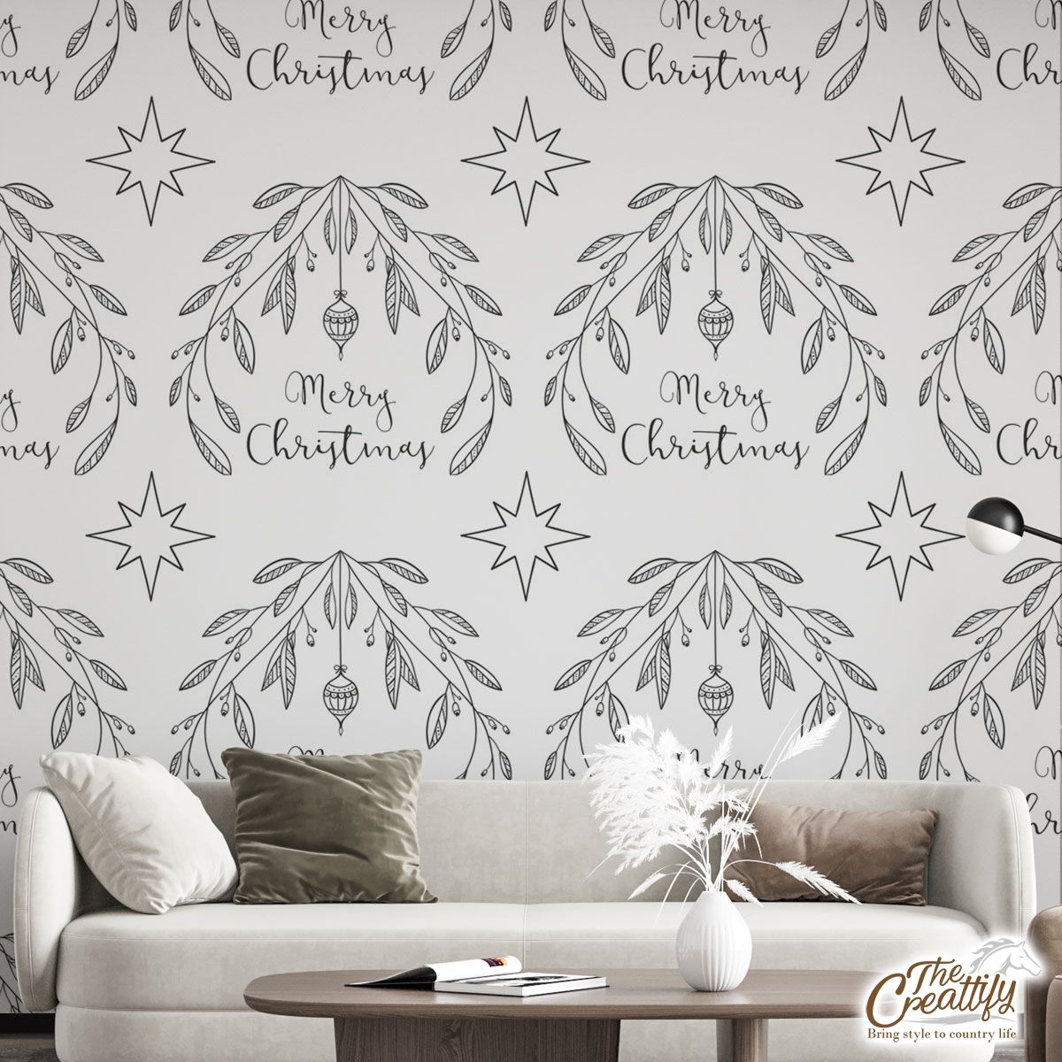 Merry Christmas With Black And White Christmas Mistletoe Wall Mural