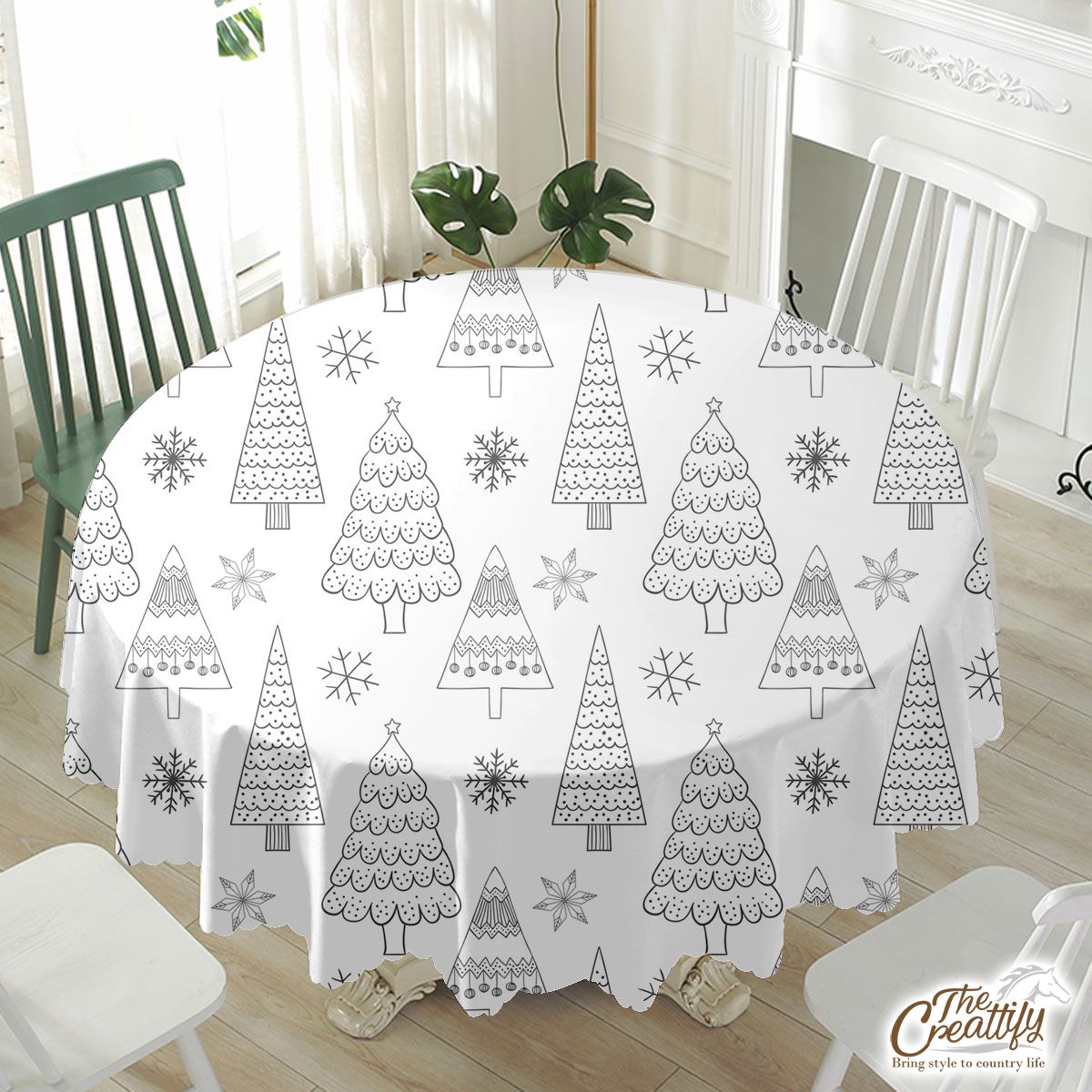Black And White Christmas Tree With Snowflake Waterproof Tablecloth
