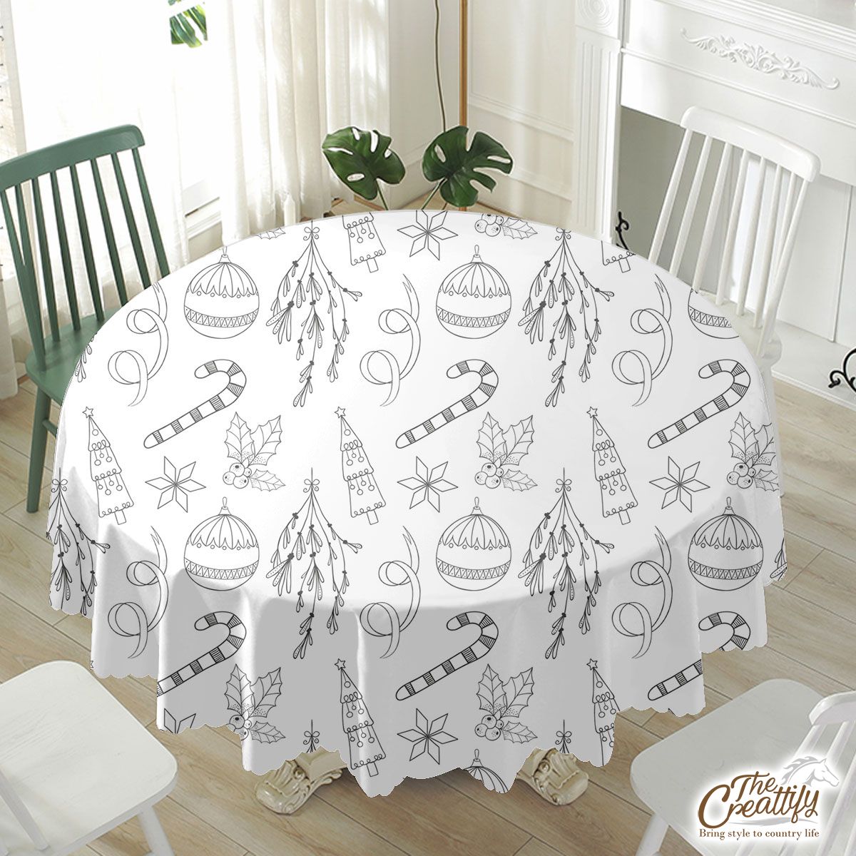 Black And White Christmas Tree, Christmas Ball ANd Candy Cane Waterproof Tablecloth