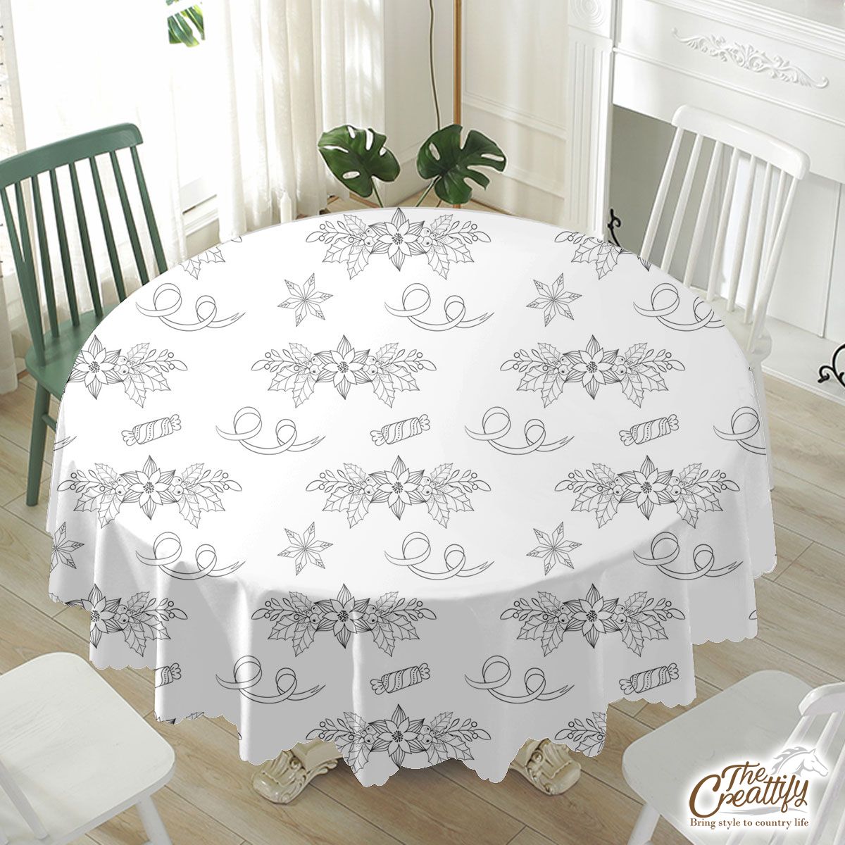 Black And White Christmas Wreath With Snowfalke Waterproof Tablecloth
