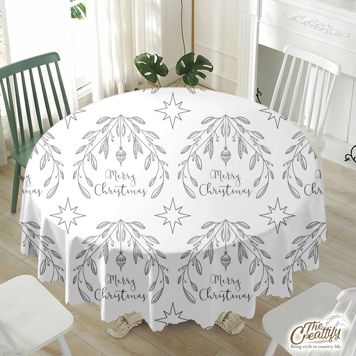 Merry Christmas With Black And White Christmas Mistletoe Waterproof Tablecloth