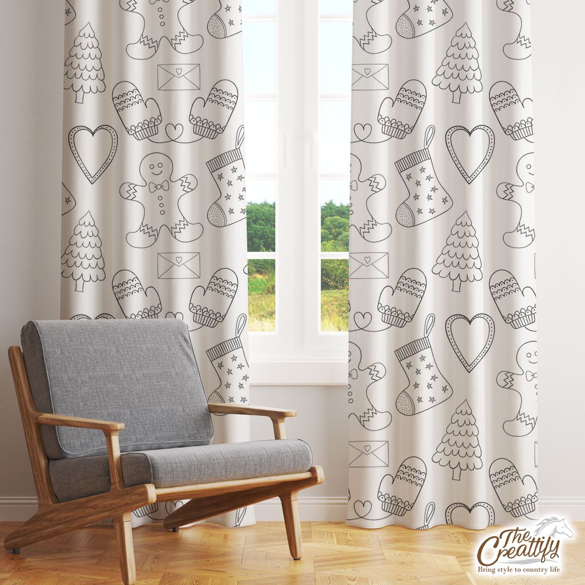 Black And White Christmas Tree, Gingerbread Man Window Curtain