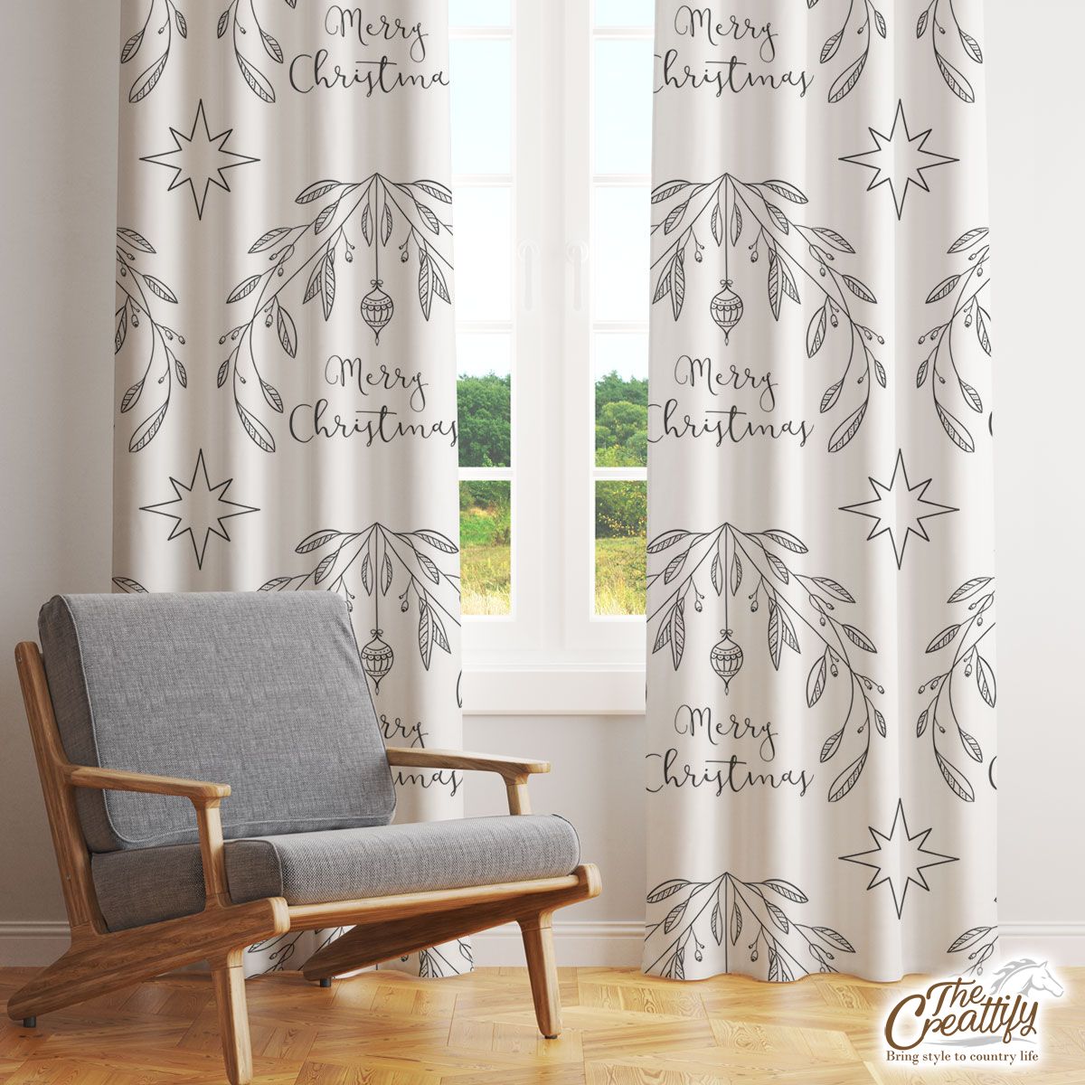 Merry Christmas With Black And White Christmas Mistletoe Window Curtain