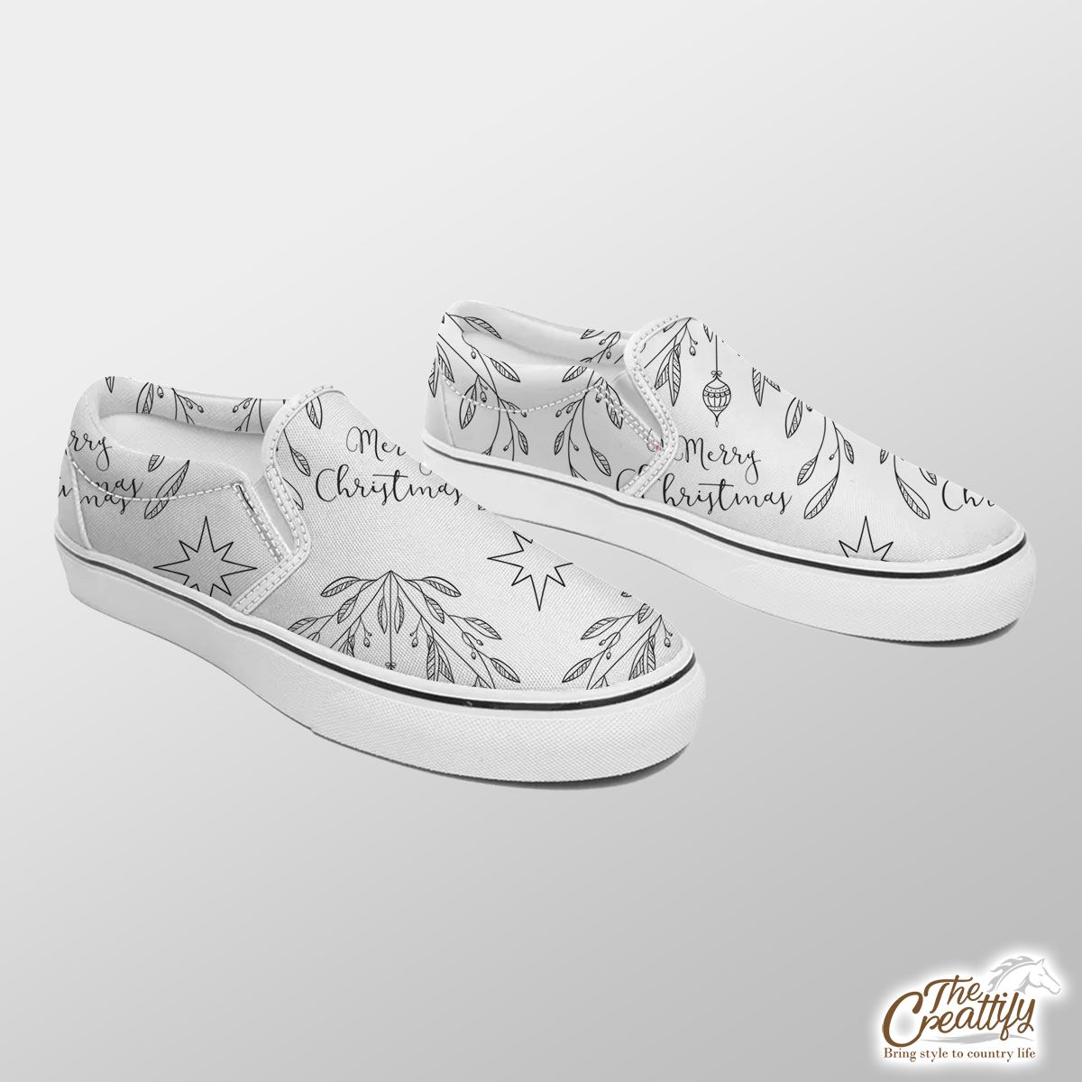Merry Christmas With Black And White Christmas Mistletoe Slip On Sneakers