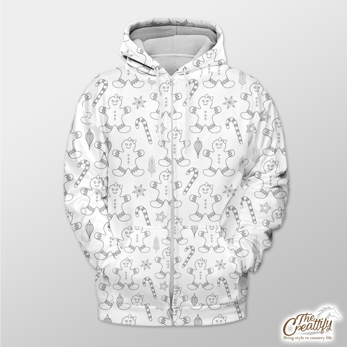 Black And White Gingerbread Man, Candy Cane And Snowflake Zip Hoodie