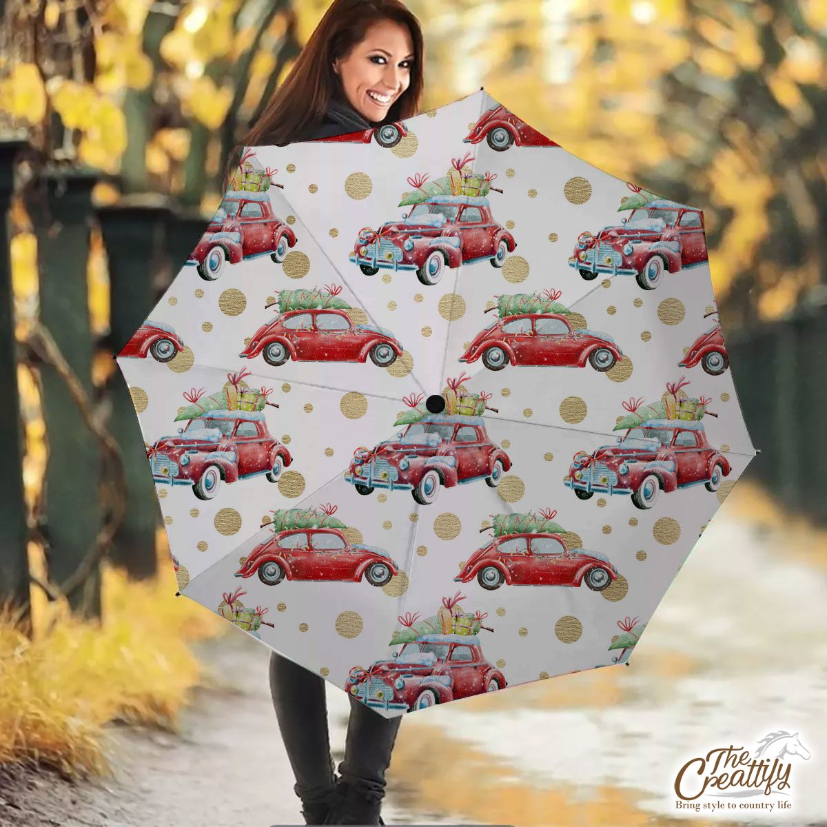 Christmas Car On Polka Dot Background Umbrella