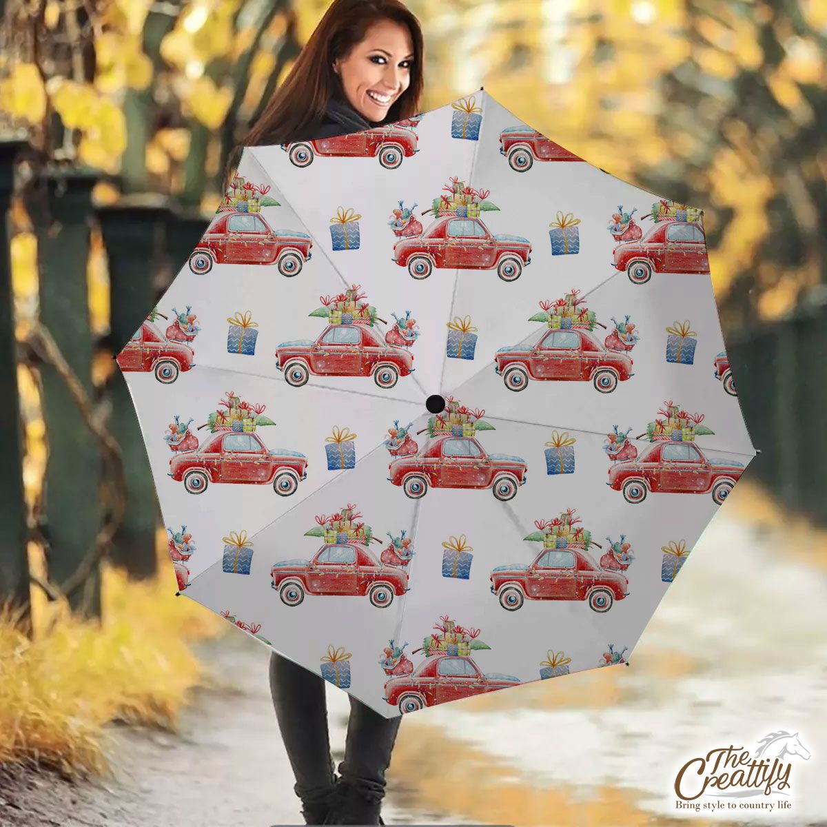Christmas Car, Christmas Gift On White Background Umbrella