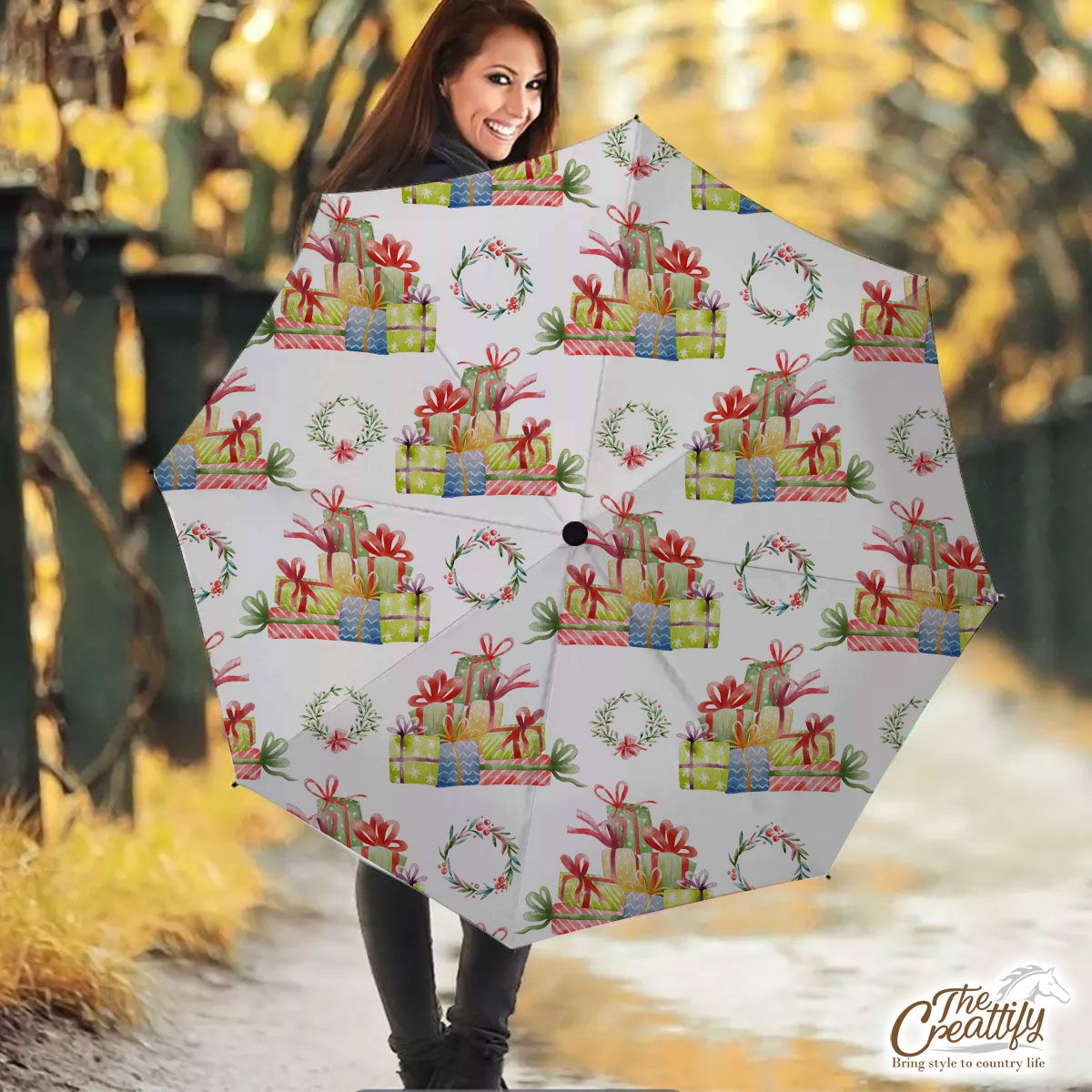 Christmas Gift, Christmas Wreath On White Background Umbrella