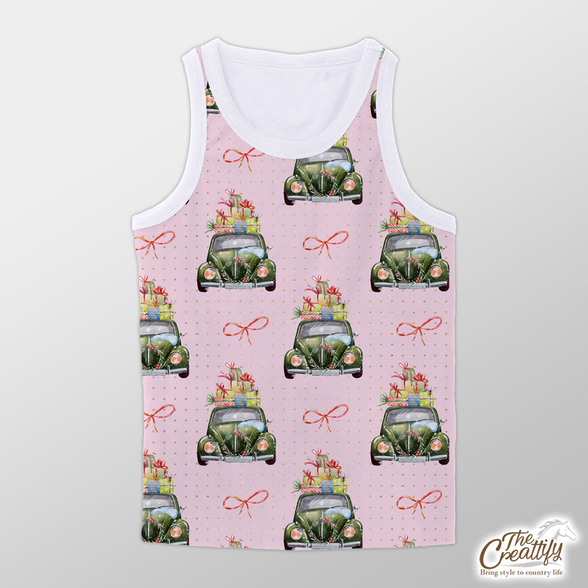 Christmas Car, Christmas Bow On Pink Background Unisex Tank Top