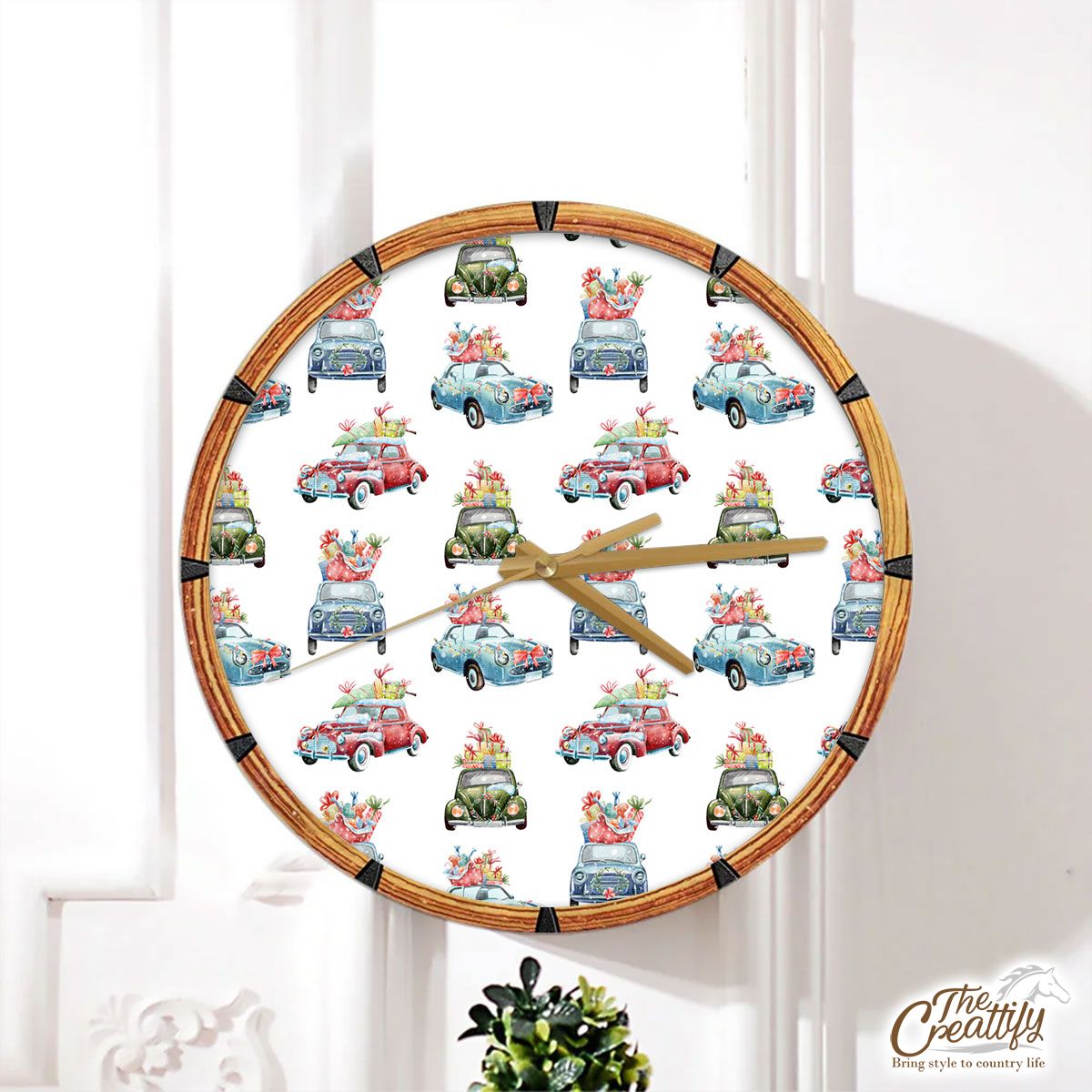 Christmas Car On White Background Wall Clock