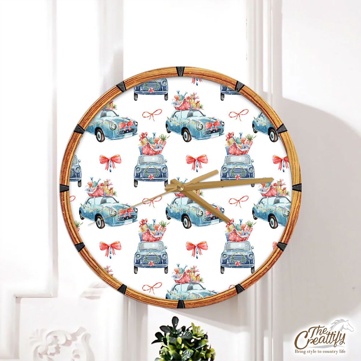 Christmas Car, Christmas Bow On White Background Wall Clock