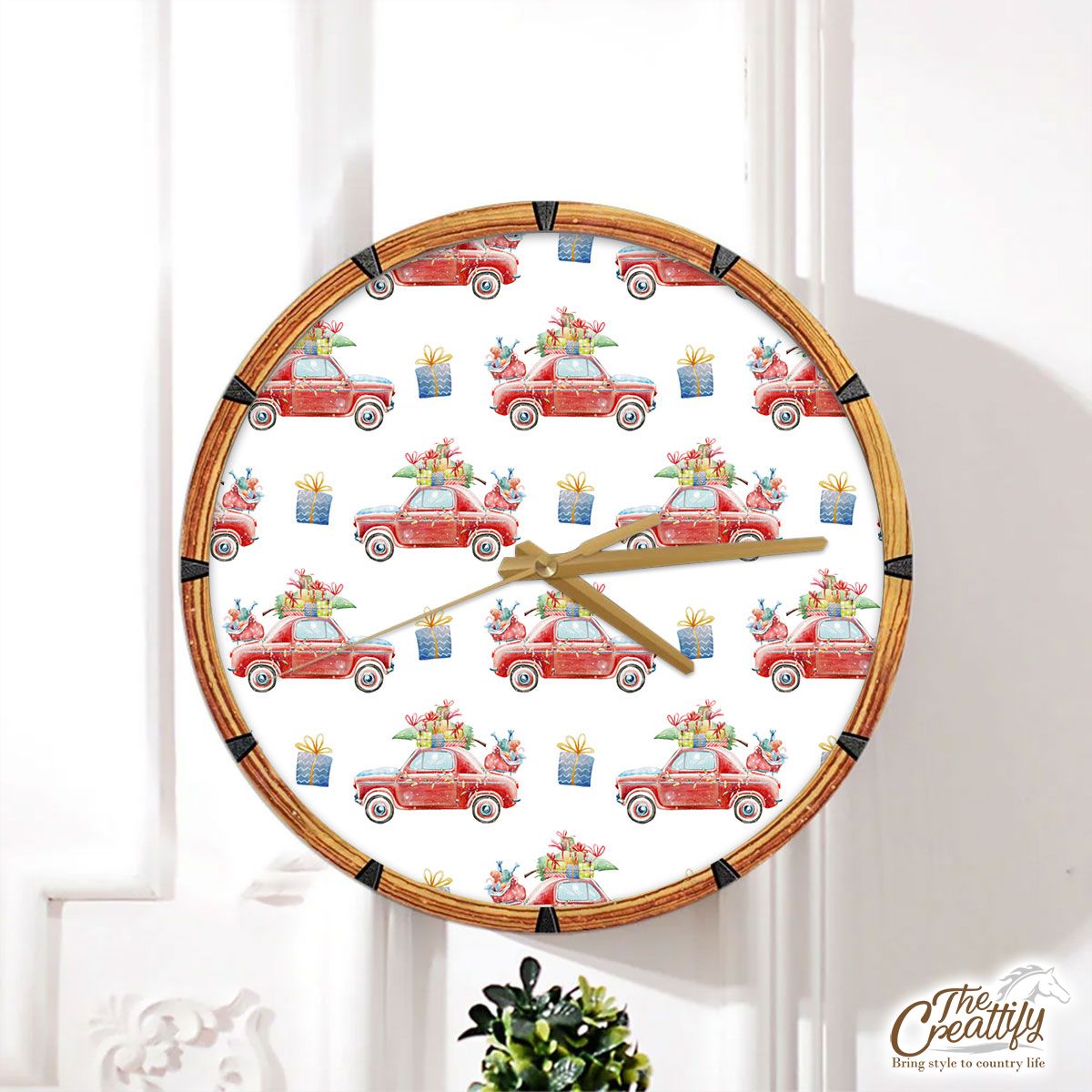 Christmas Car, Christmas Gift On White Background Wall Clock