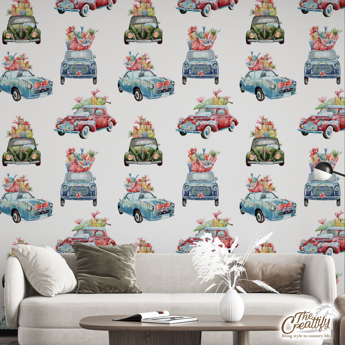 Christmas Car On White Background Wall Mural