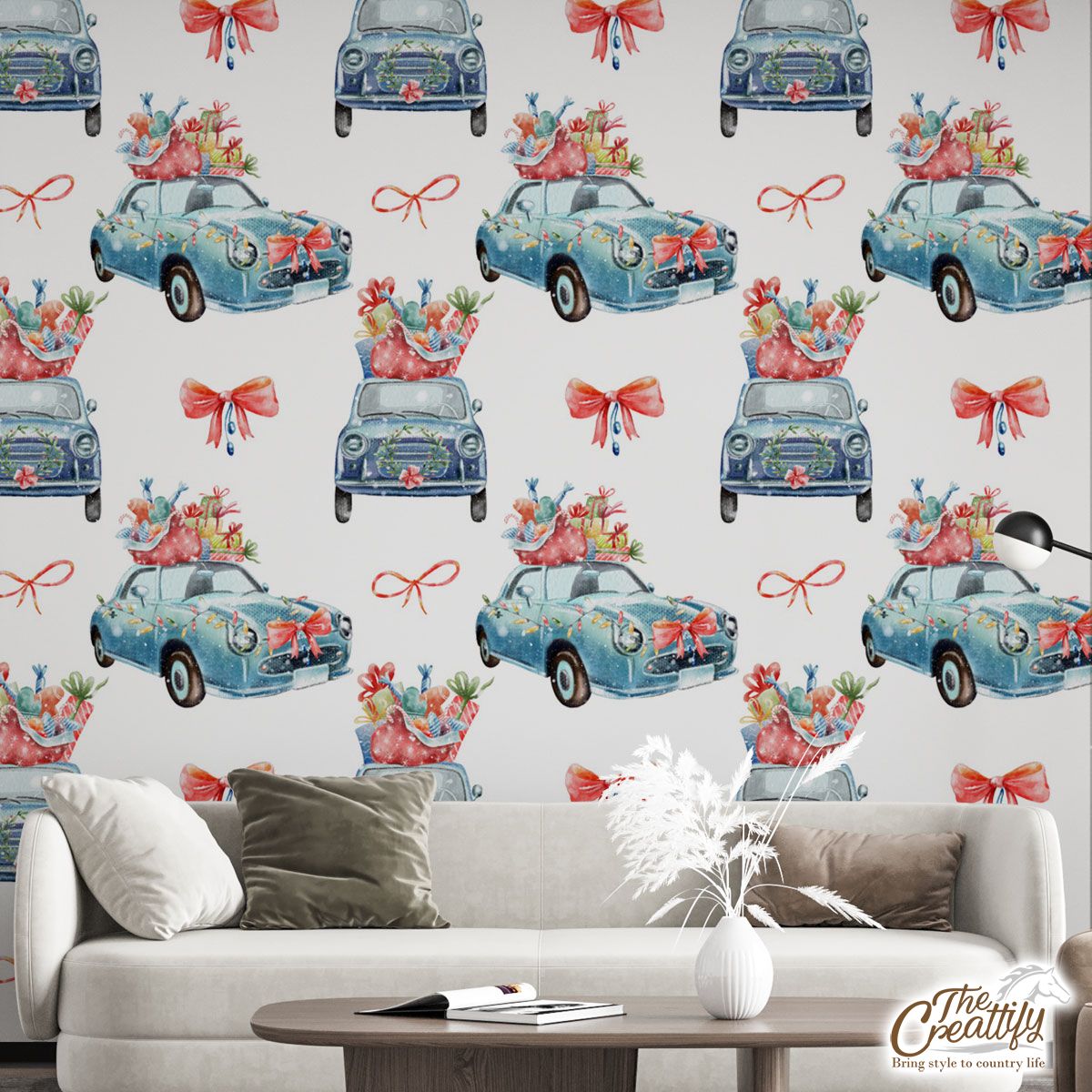 Christmas Car, Christmas Bow On White Background Wall Mural