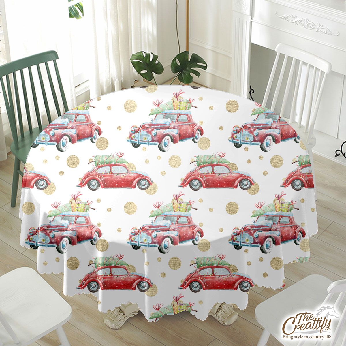 Christmas Car On Polka Dot Background Waterproof Tablecloth