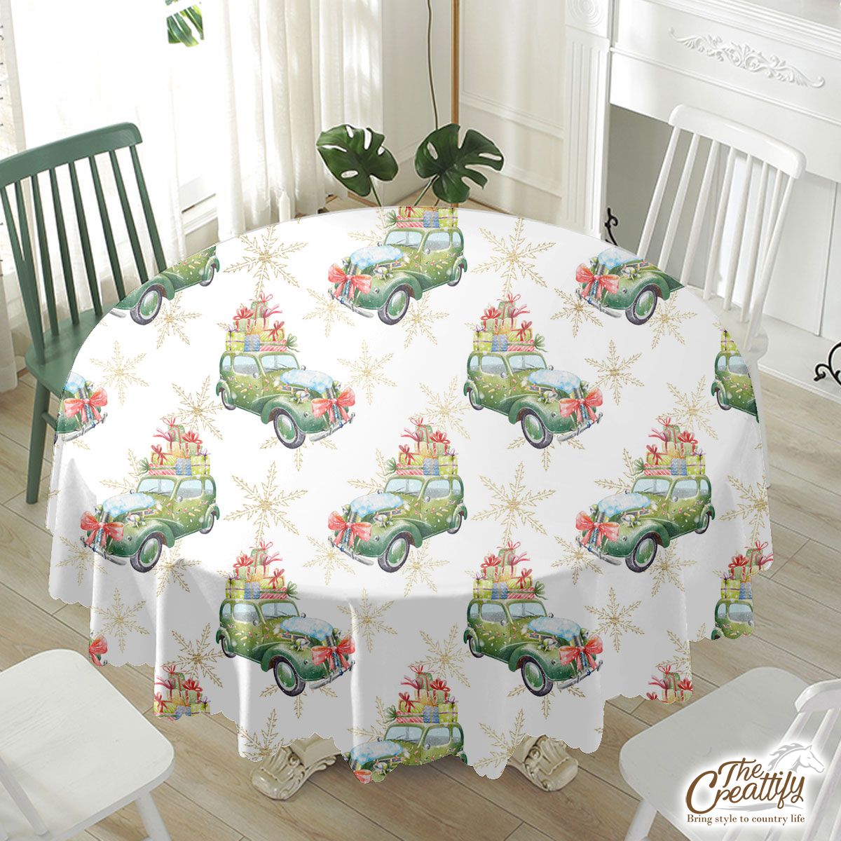 Christmas Car On Snowflake Background Waterproof Tablecloth